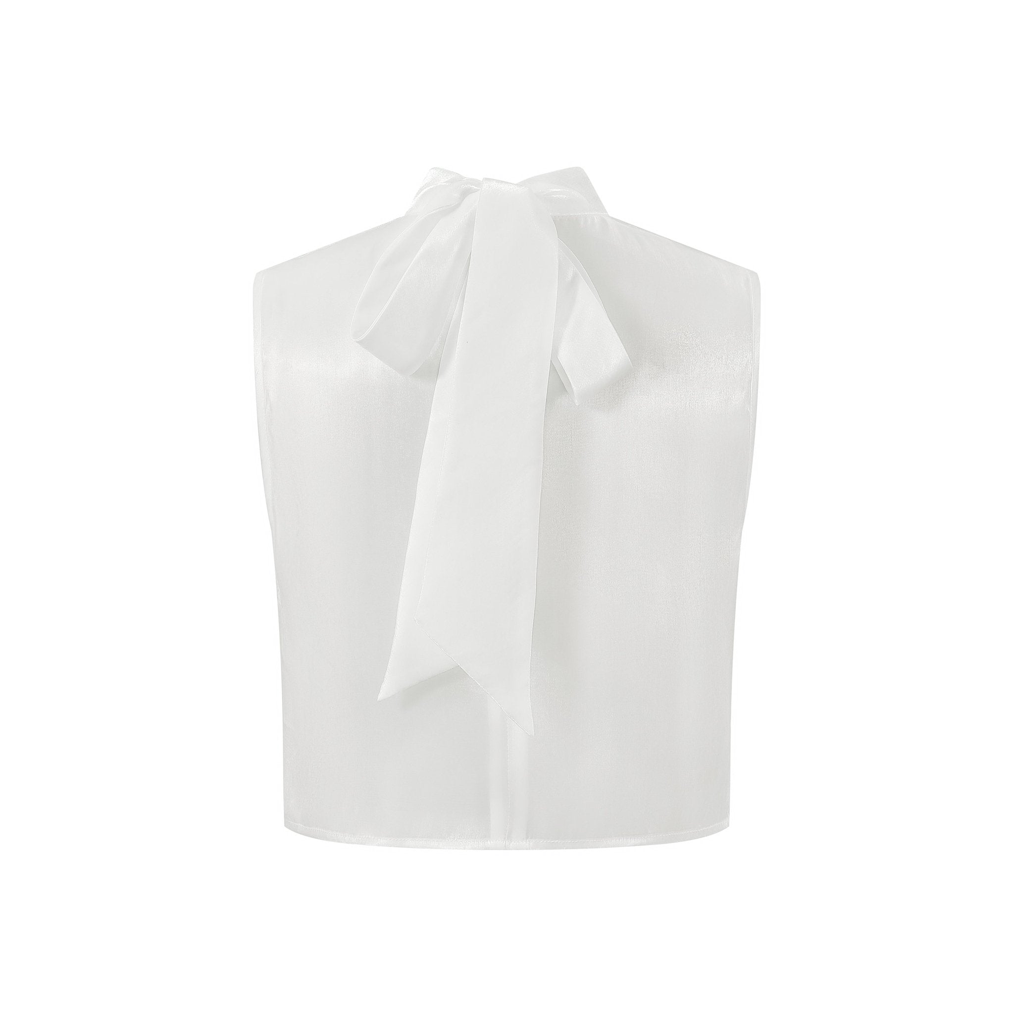 THREE QUARTERS White Sheer Toggle Sleeveless Bow Top | MADA IN CHINA