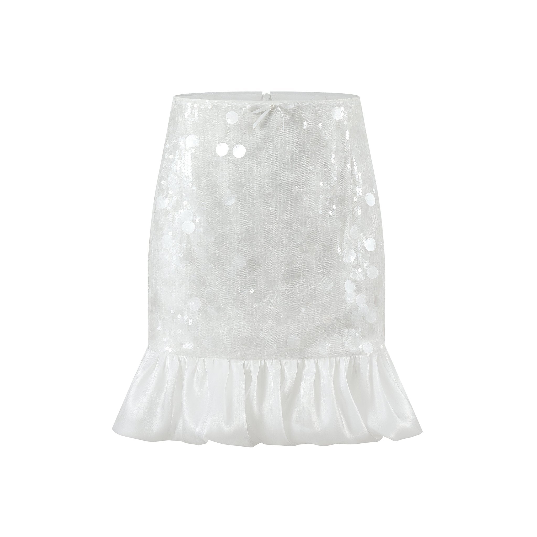 THREE QUARTERS White Sheer Toggle Slimming Ruffle Hem Half Skirt | MADA IN CHINA