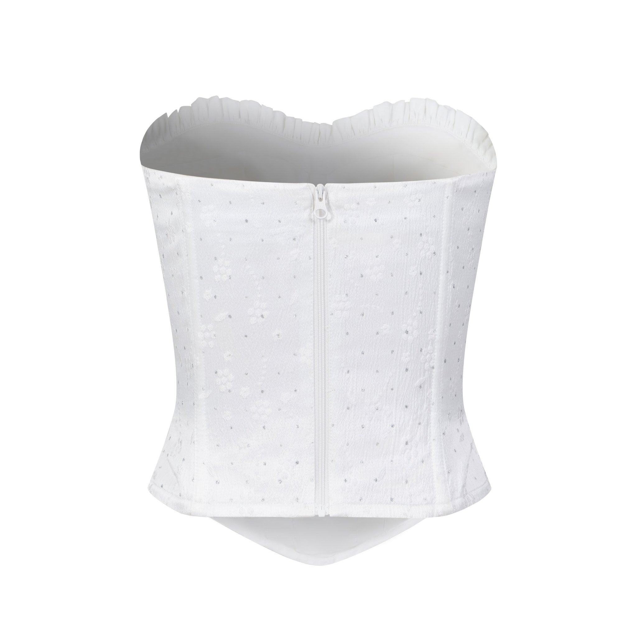 THREE QUARTERS White Shimmering Silver Jacquard Earring Trimmed Bustier | MADA IN CHINA