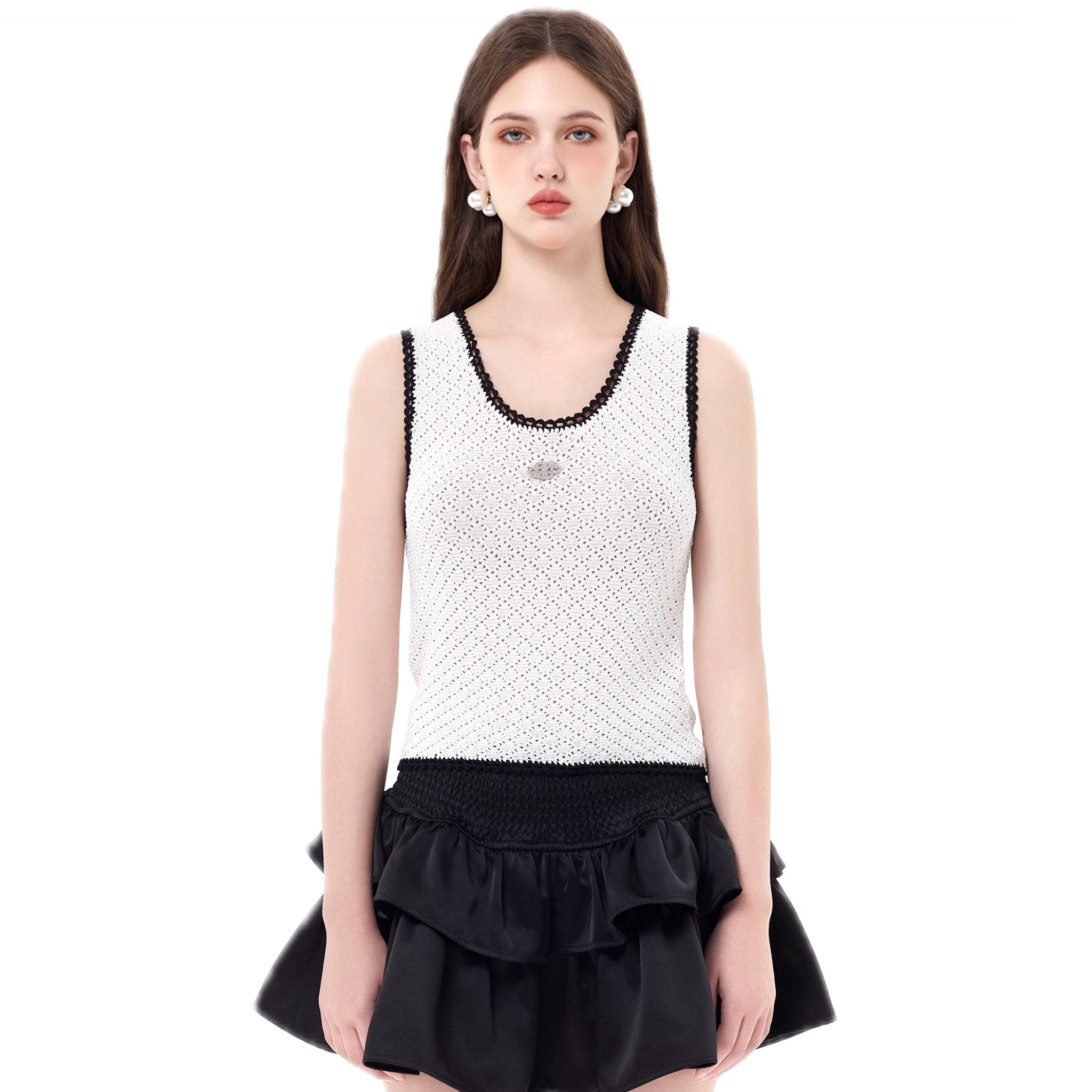 THREE QUARTERS White Skeleton Crochet Colorblocked Tank Top | MADA IN CHINA