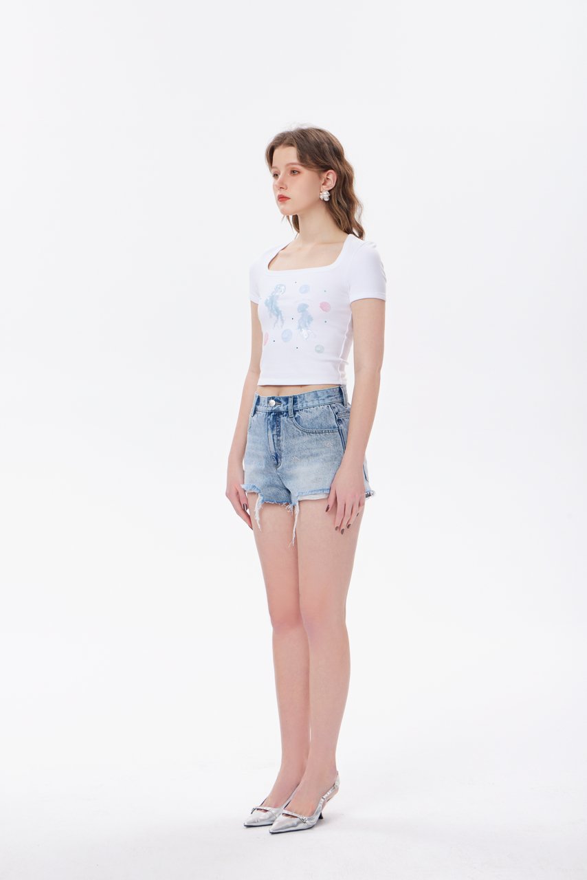 THREE QUARTERS White Square Neck Rhinestone Printed Small Fit T - Shirt | MADA IN CHINA