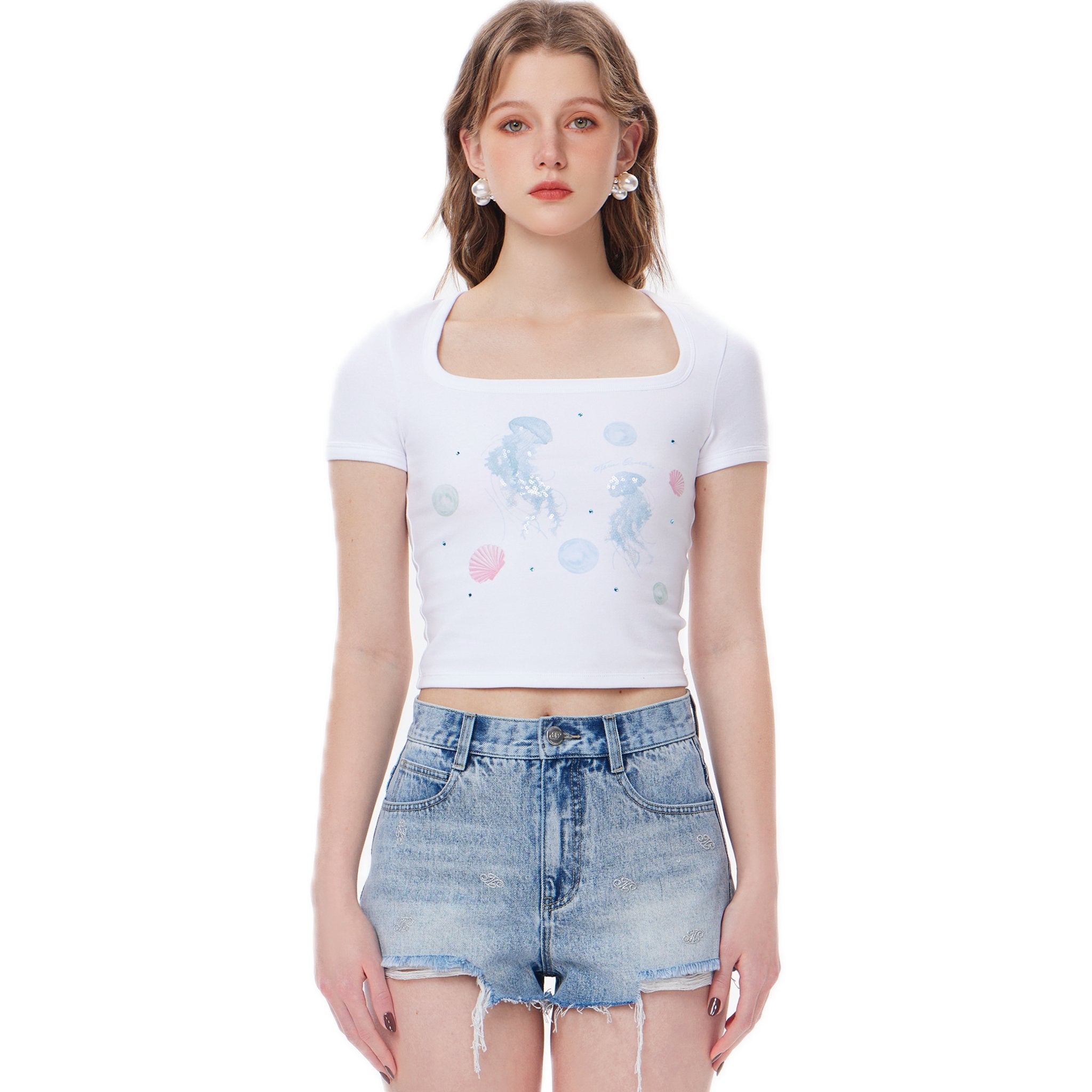 THREE QUARTERS White Square Neck Rhinestone Printed Small Fit T - Shirt | MADA IN CHINA