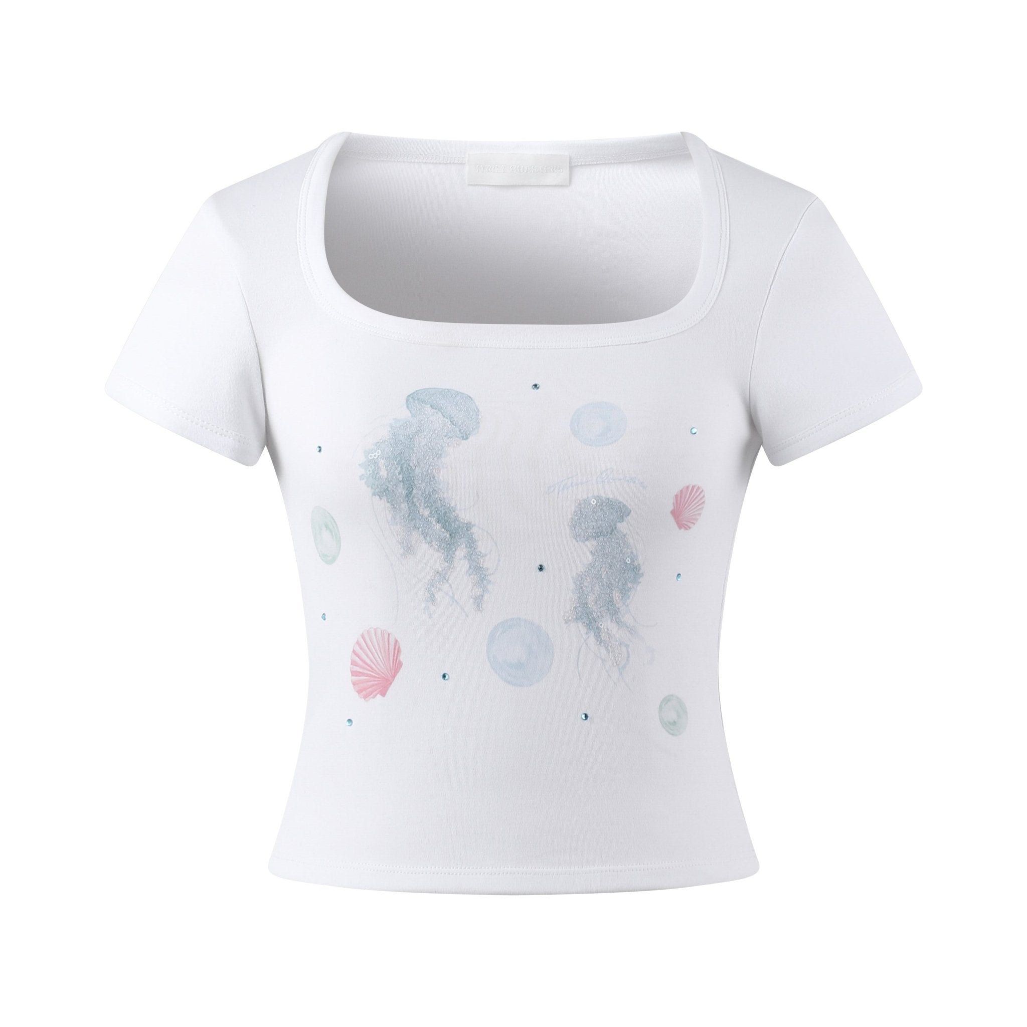 THREE QUARTERS White Square Neck Rhinestone Printed Small Fit T - Shirt | MADA IN CHINA