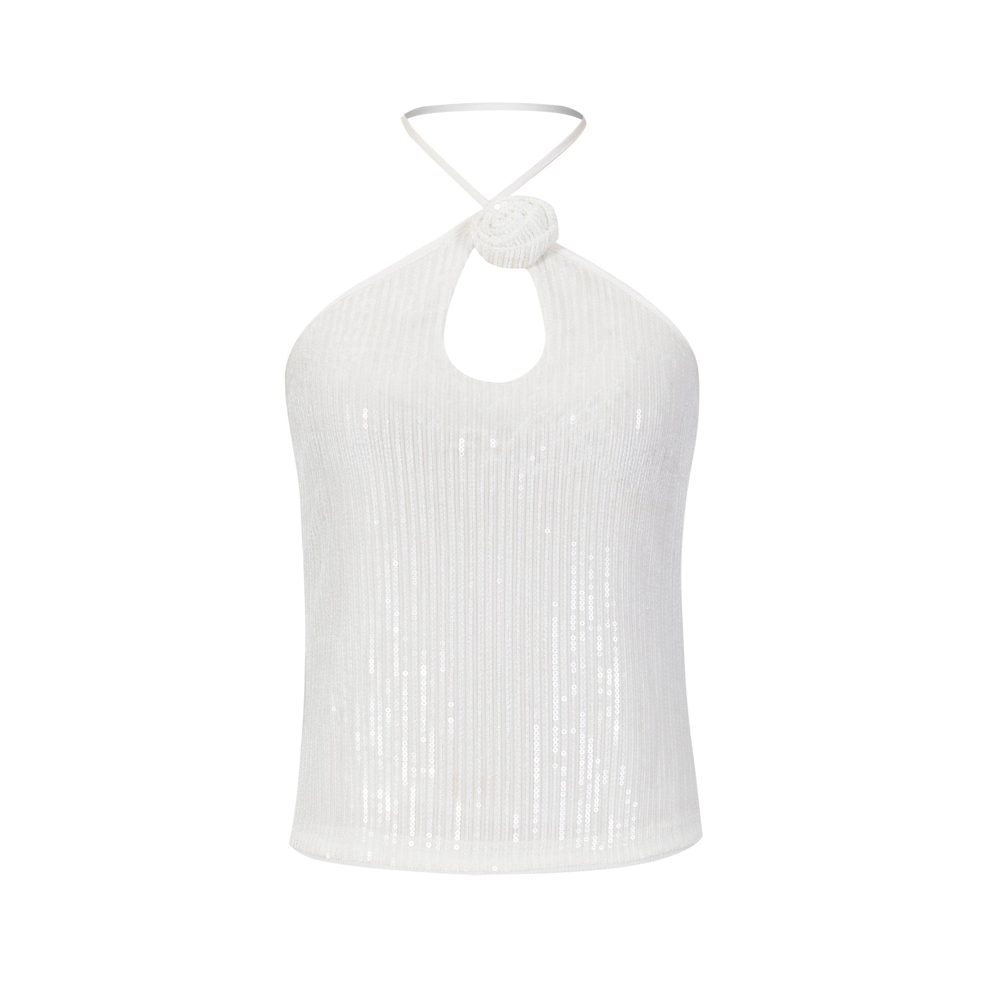 THREE QUARTERS White Three - dimensional Flower Sequins Hanging Neck Camisole | MADA IN CHINA