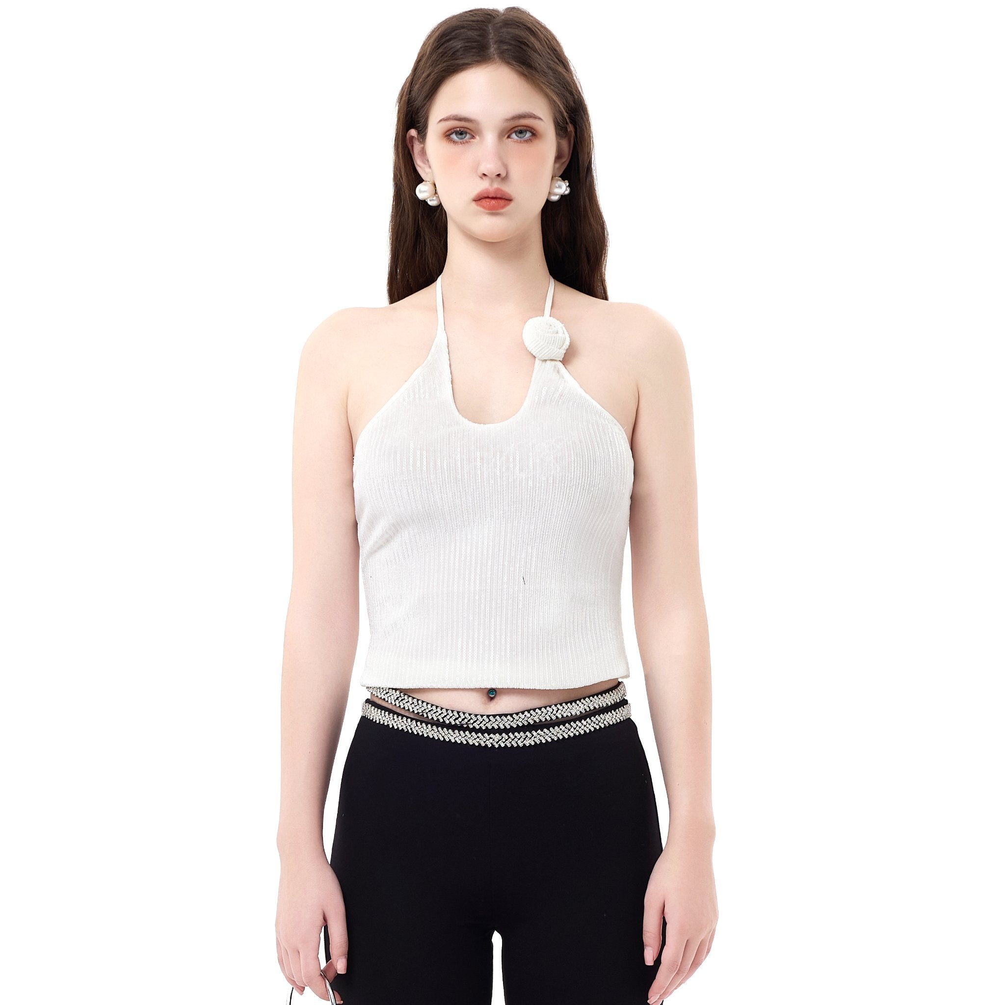 THREE QUARTERS White Three - dimensional Flower Sequins Hanging Neck Camisole | MADA IN CHINA