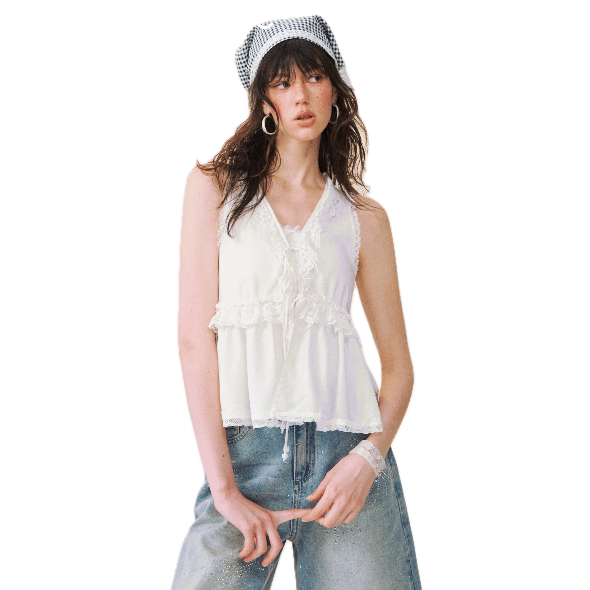 SOMESOWE White V - neck Tie - front Lace - trimmed Top | MADAX