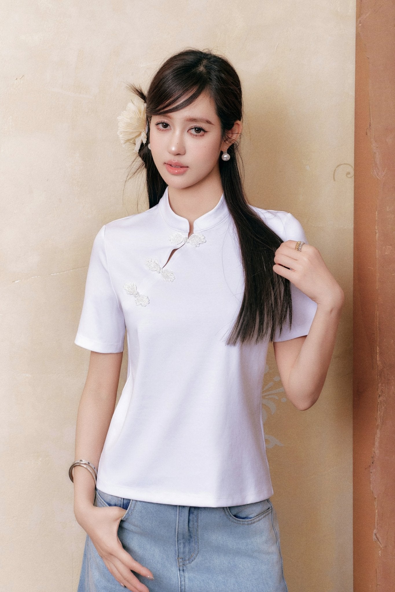 3*8様 Regular Collar Over Classic Shirt White Vintage Standing Collar Slant Lapel Plate Button T-Shirt | MADAX
