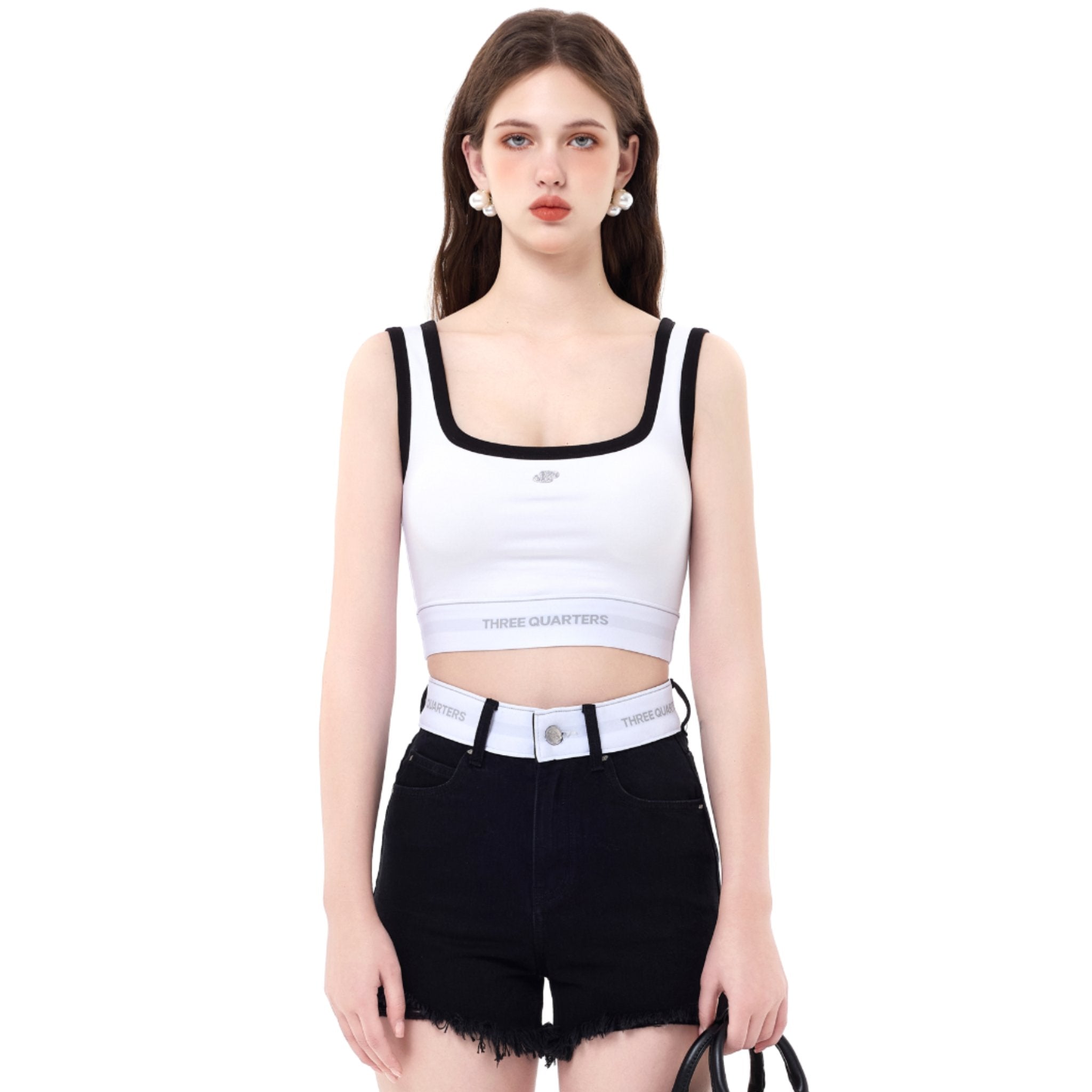 THREE QUARTERS White with Black Edge Customized Logo Webbing Ironing Undershirt | MADA IN CHINA