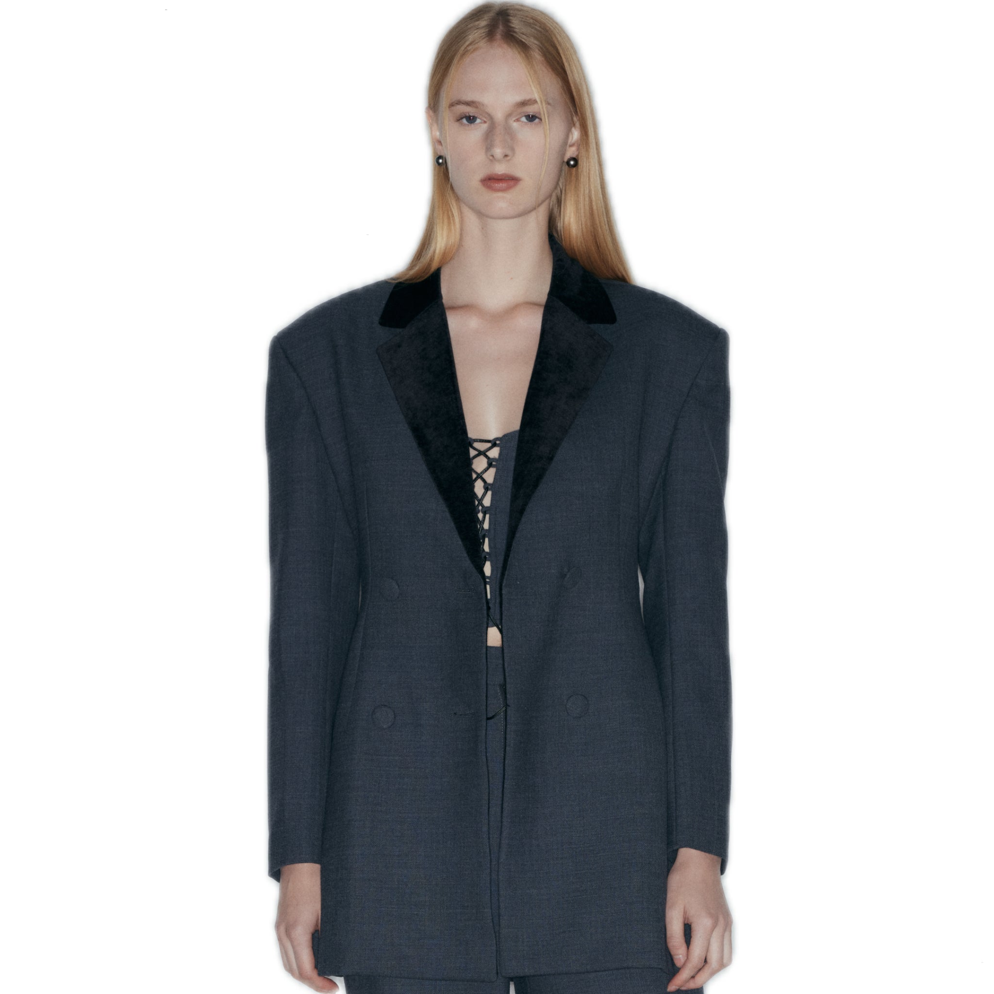 NECESSARY ANANKE Wool Blend Broad - Shouldered Blazer In Dark Gray | MADAX