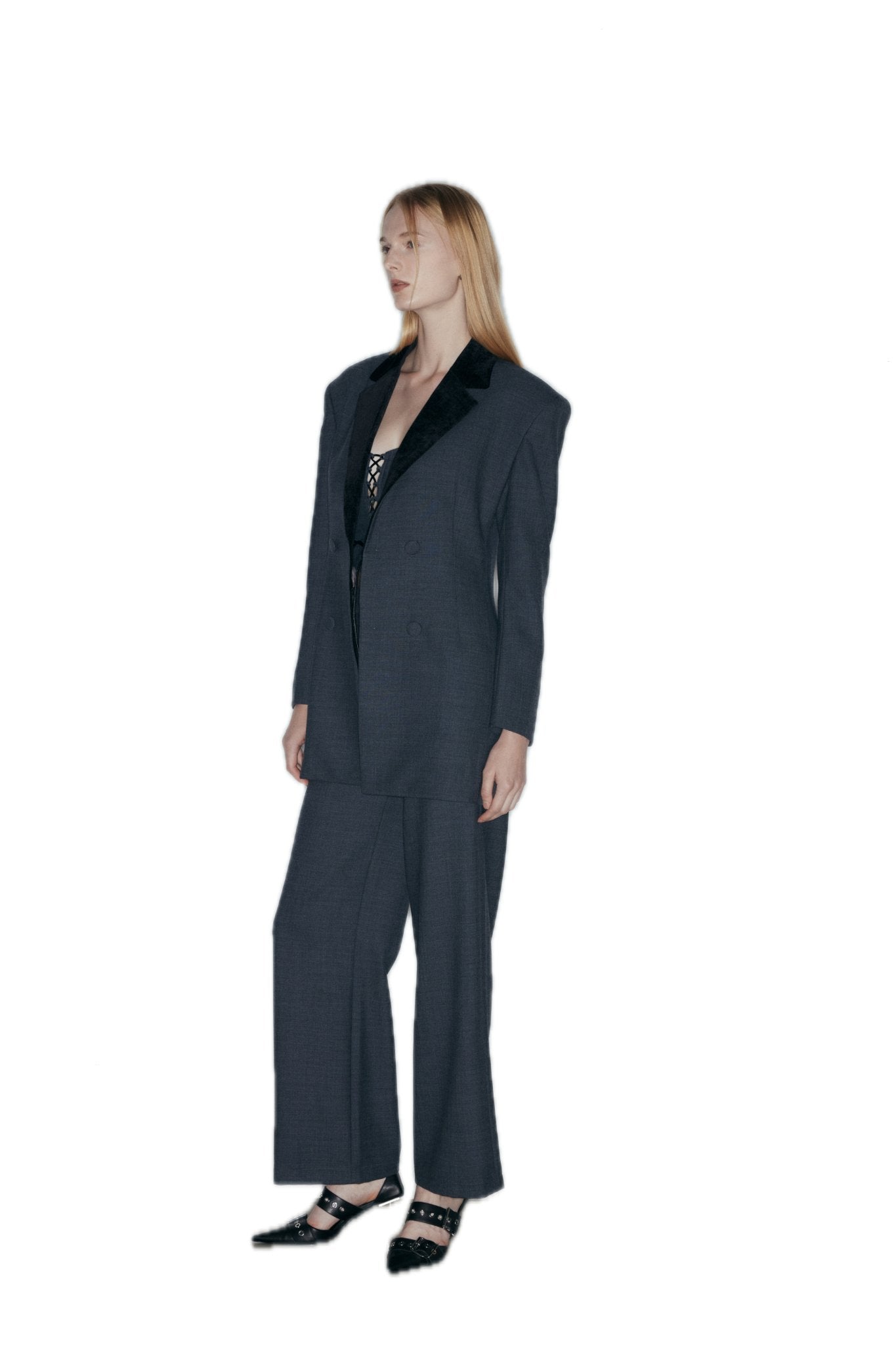 NECESSARY ANANKE Wool Blend Broad - Shouldered Blazer In Dark Gray | MADAX