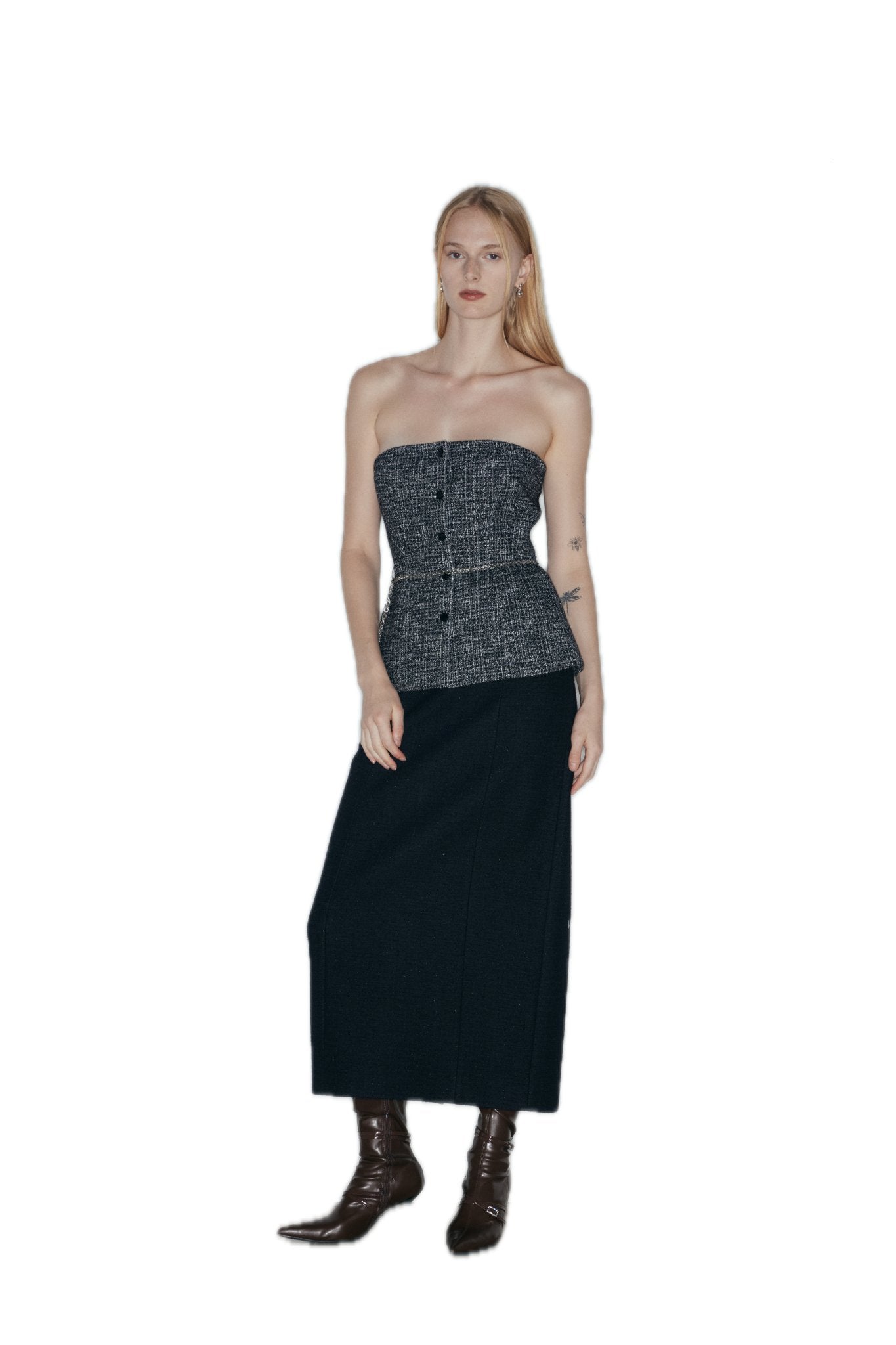 NECESSARY ANANKE Wool Blend Tweed Mid - Length Skirt In Black | MADAX