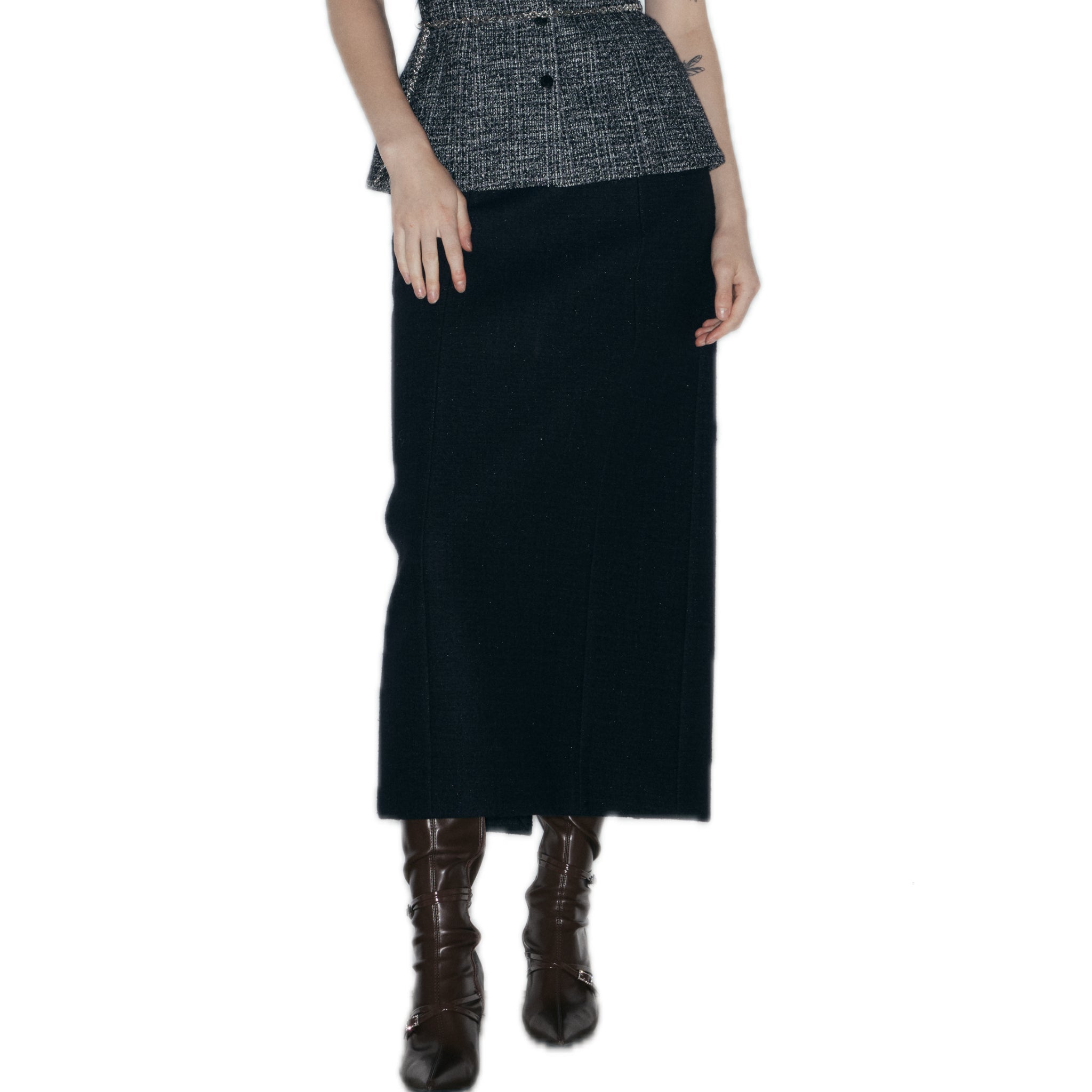 NECESSARY ANANKE Wool Blend Tweed Mid - Length Skirt In Black | MADAX