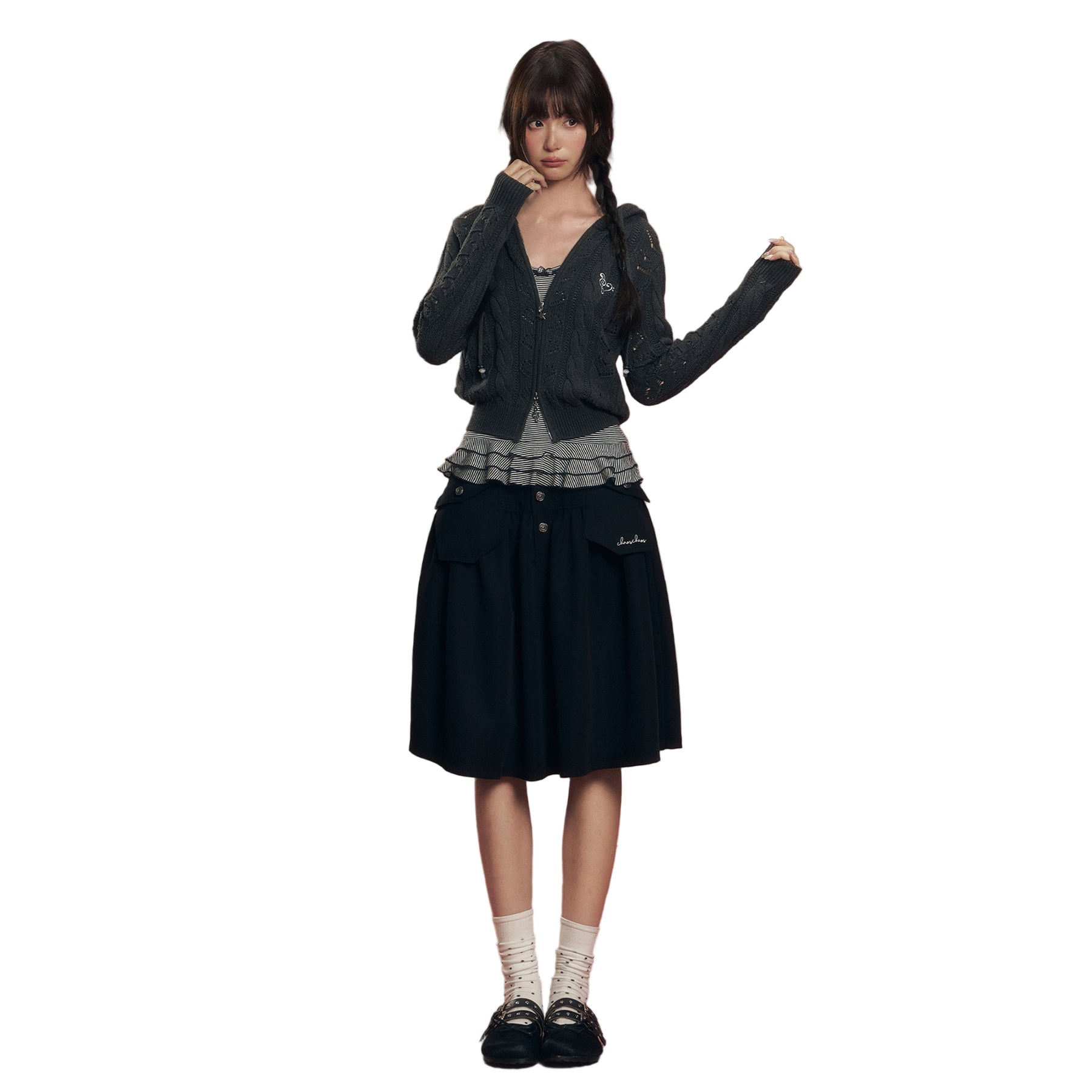 CHAOSCHAOS Work Pocket Half - Length Umbrella Skirt In Black | MADAX