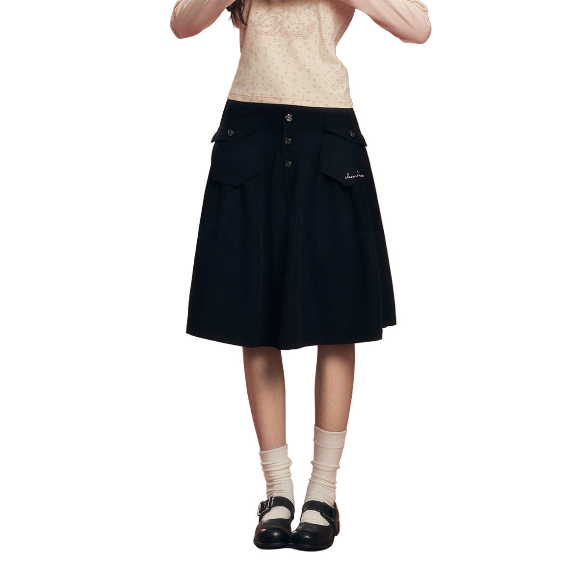 CHAOSCHAOS Work Pocket Half - Length Umbrella Skirt In Black | MADAX