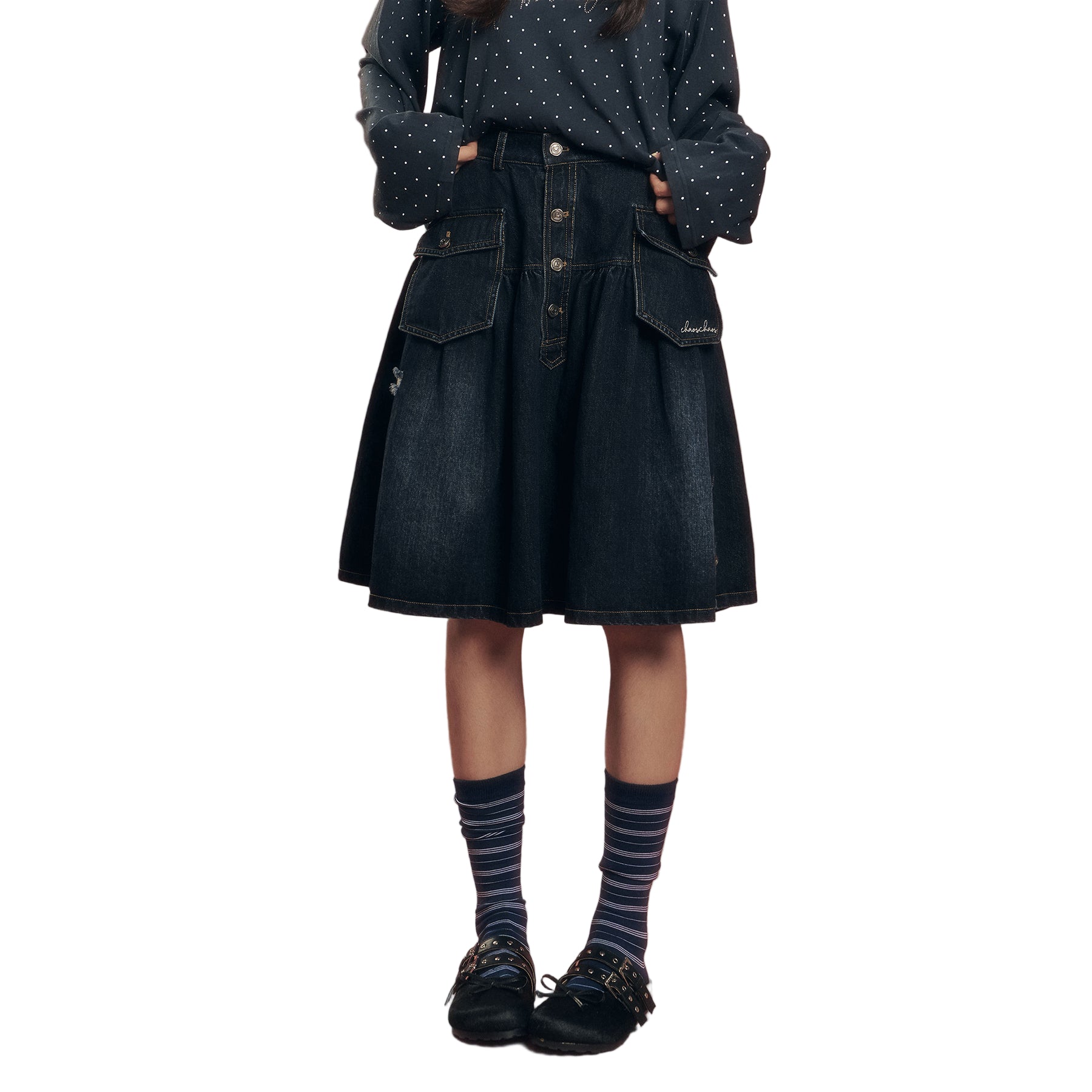 CHAOSCHAOS Workwear Retro Washed Denim Skirt In Denim Blue | MADAX