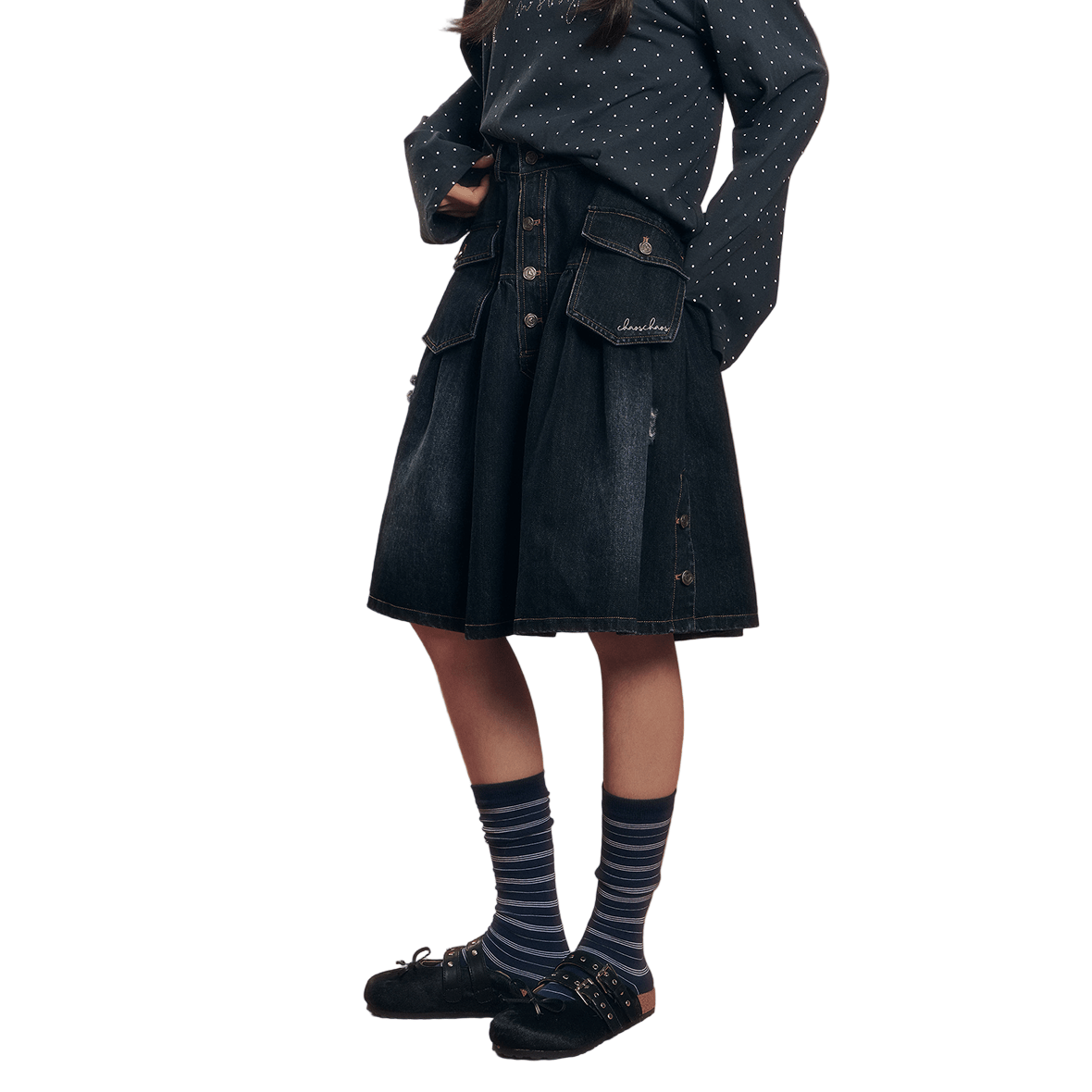 CHAOSCHAOS Workwear Retro Washed Denim Skirt In Denim Blue | MADAX