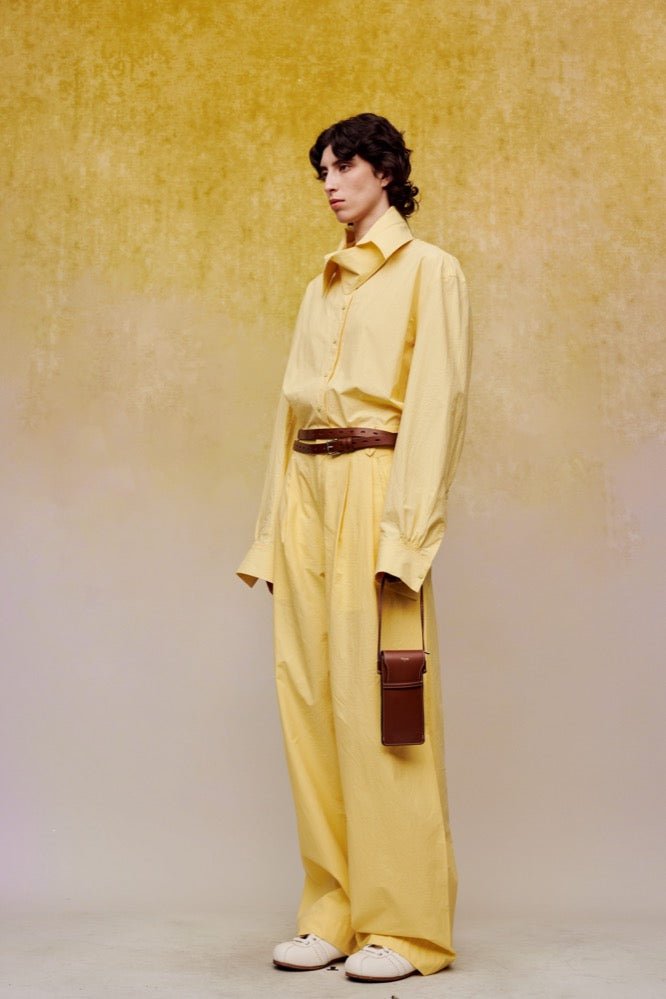 ilEWUOY Wrinkled Cotton Patchwork Waistband Pants in Yellow | MADA IN CHINA