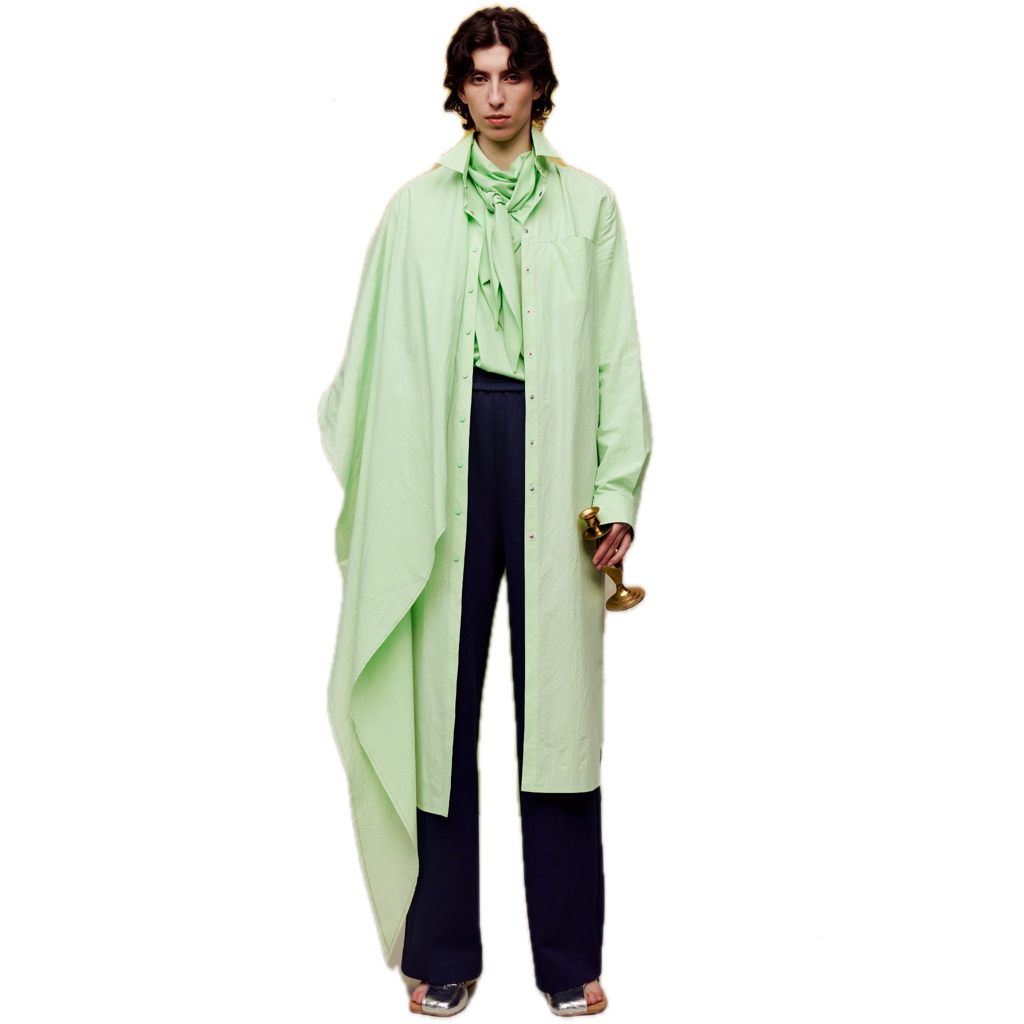 ilEWUOY Wrinkled Cotton Scarf Shirt Dress in Green | MADA IN CHINA