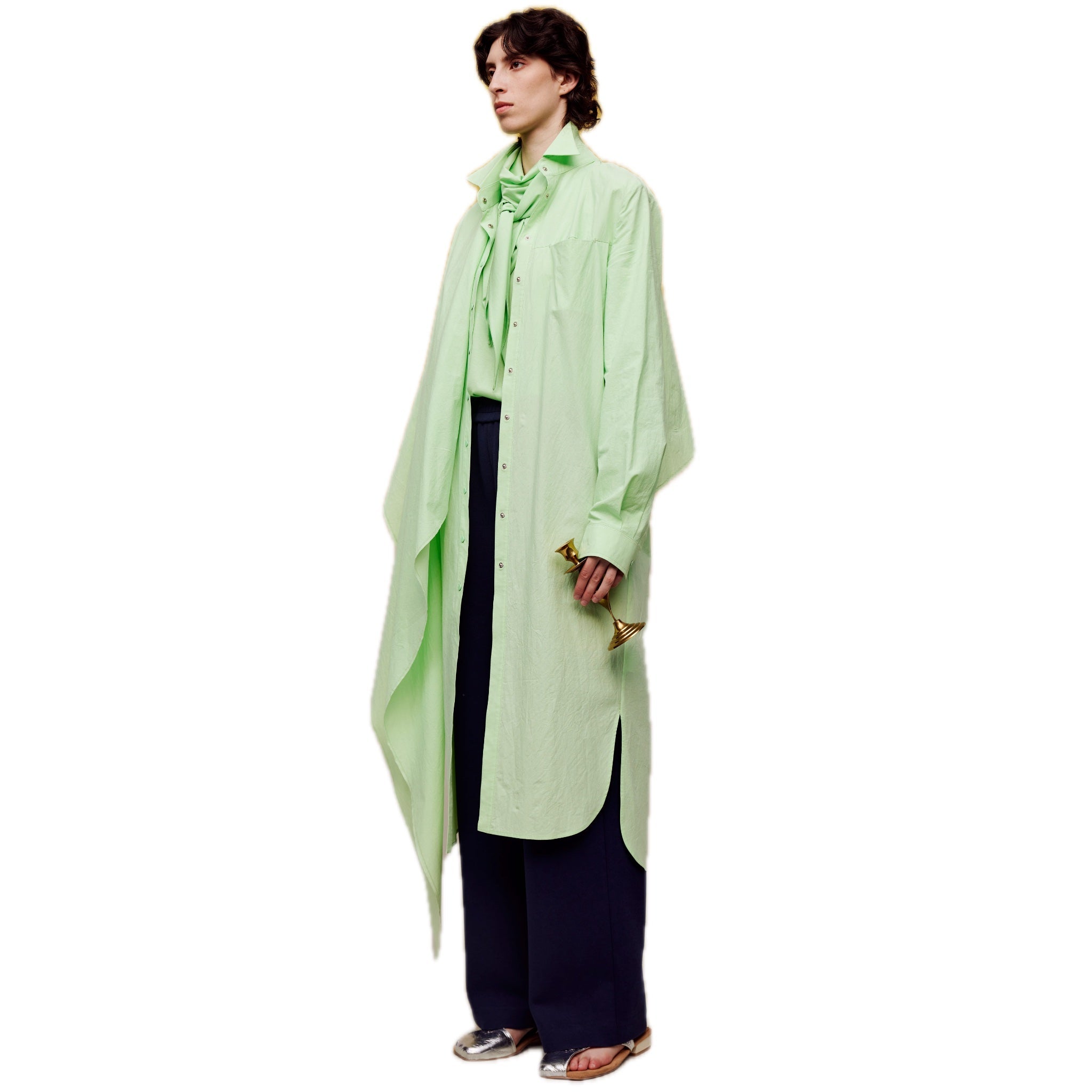 ilEWUOY Wrinkled Cotton Scarf Shirt Dress in Green | MADA IN CHINA