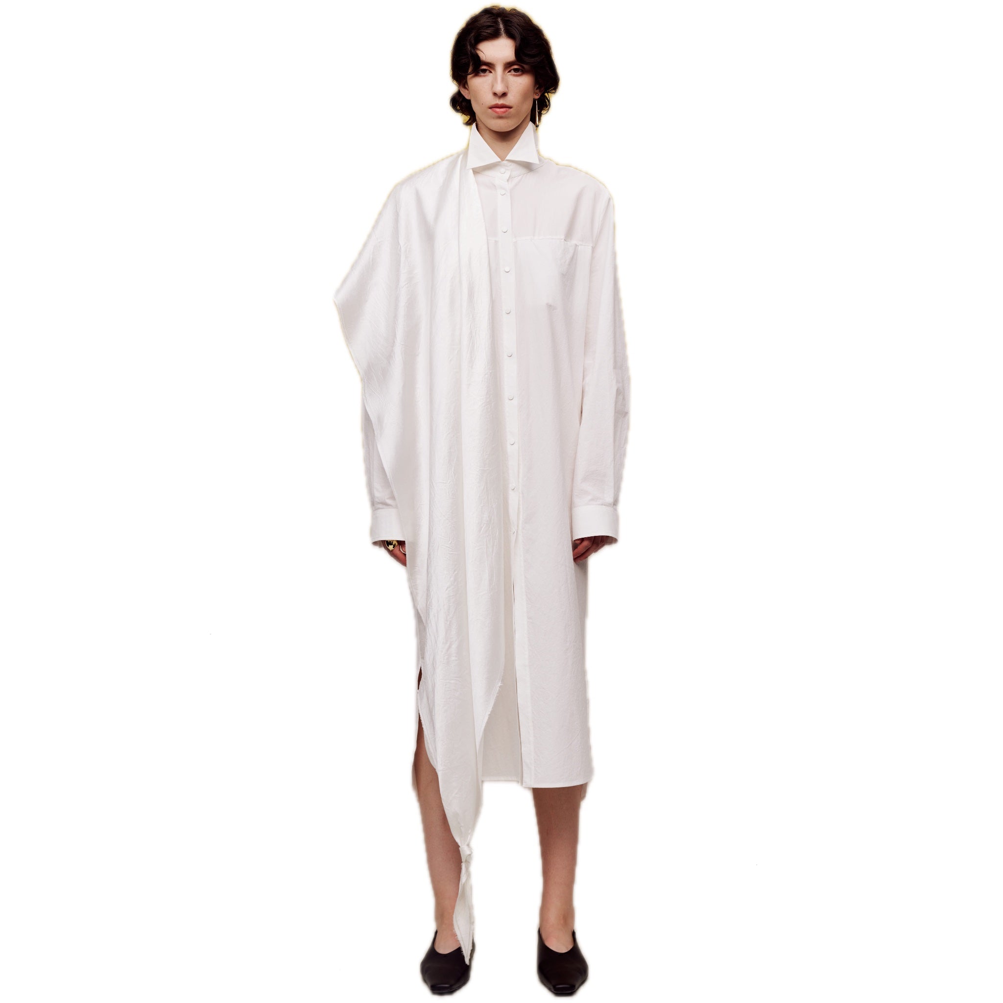 ilEWUOY Wrinkled Cotton Scarf Shirt Dress in White | MADA IN CHINA