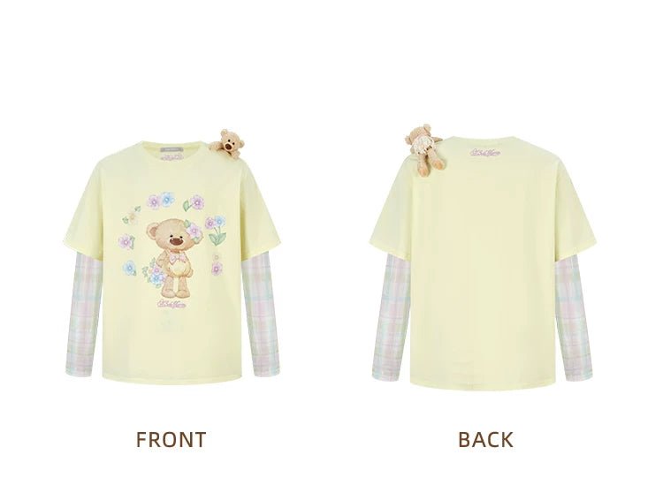 13DE MARZO Yellow Floral Faux Two-Piece Long-Sleeved T-shirt | MADAX