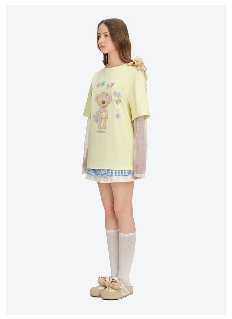 13DE MARZO Yellow Floral Faux Two-Piece Long-Sleeved T-shirt | MADAX