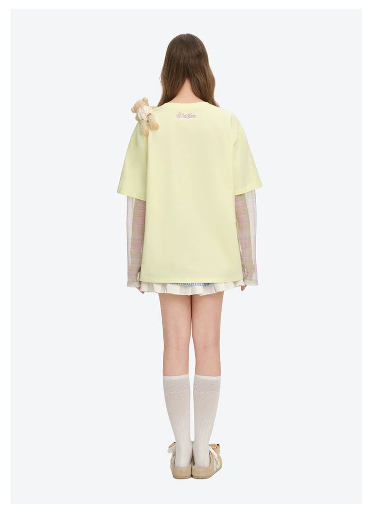 13DE MARZO Yellow Floral Faux Two-Piece Long-Sleeved T-shirt | MADAX