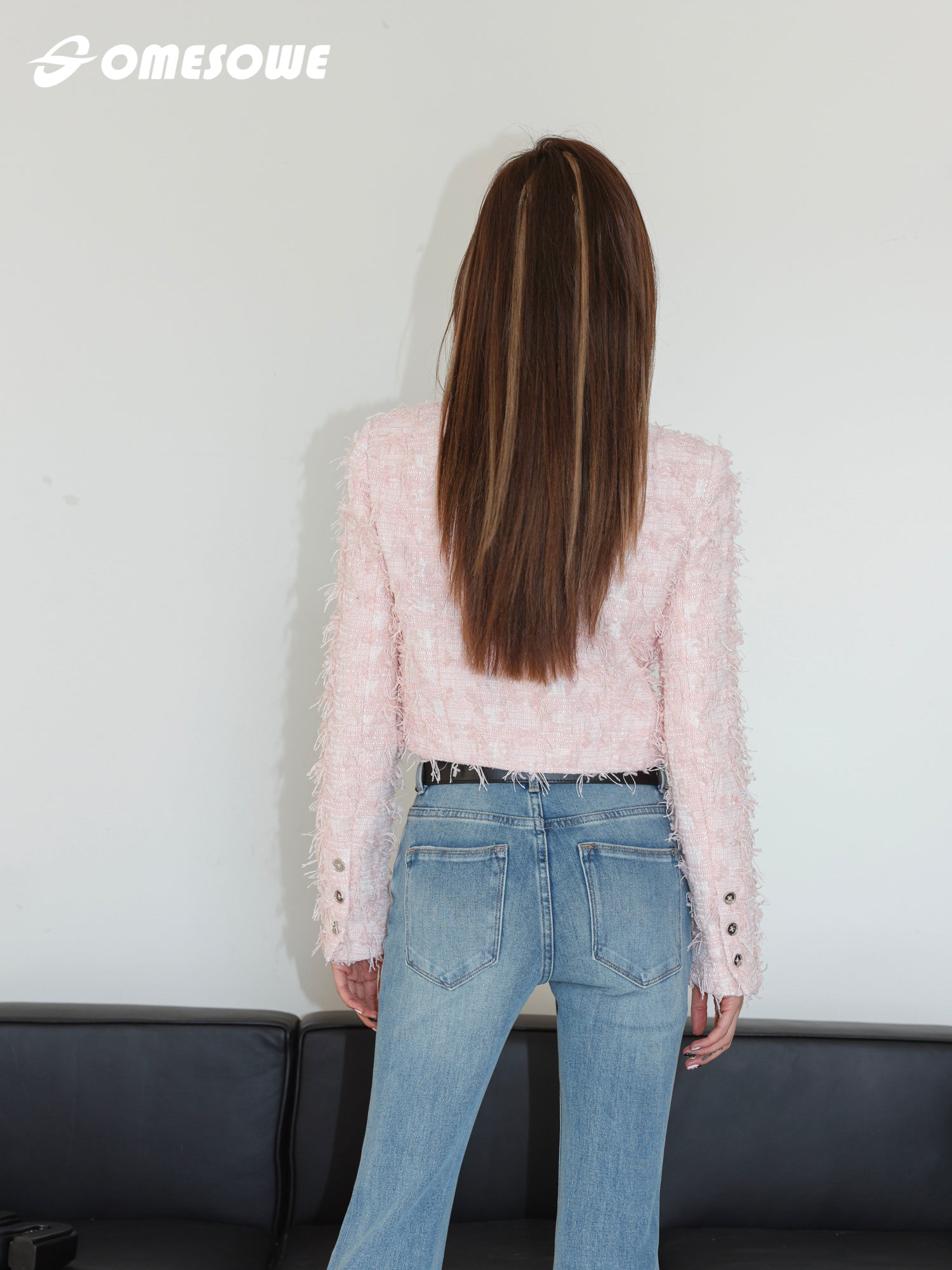 Pink Square Collar Woven Jacket