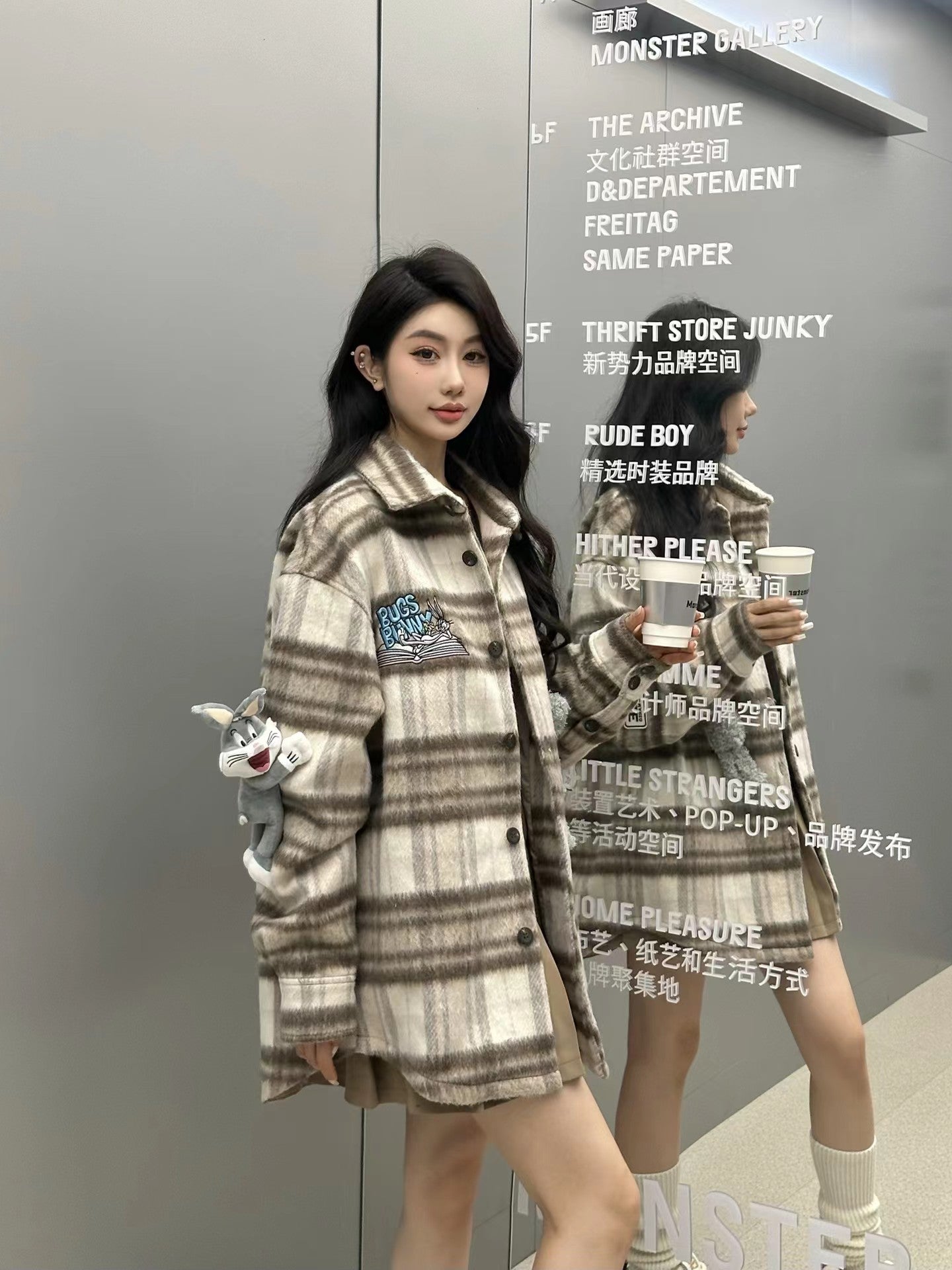 13DE MARZO 13 De Marzo X Looney Tunes Brown Bugs Bunny Plaid Shirt Coat | MADA IN CHINA