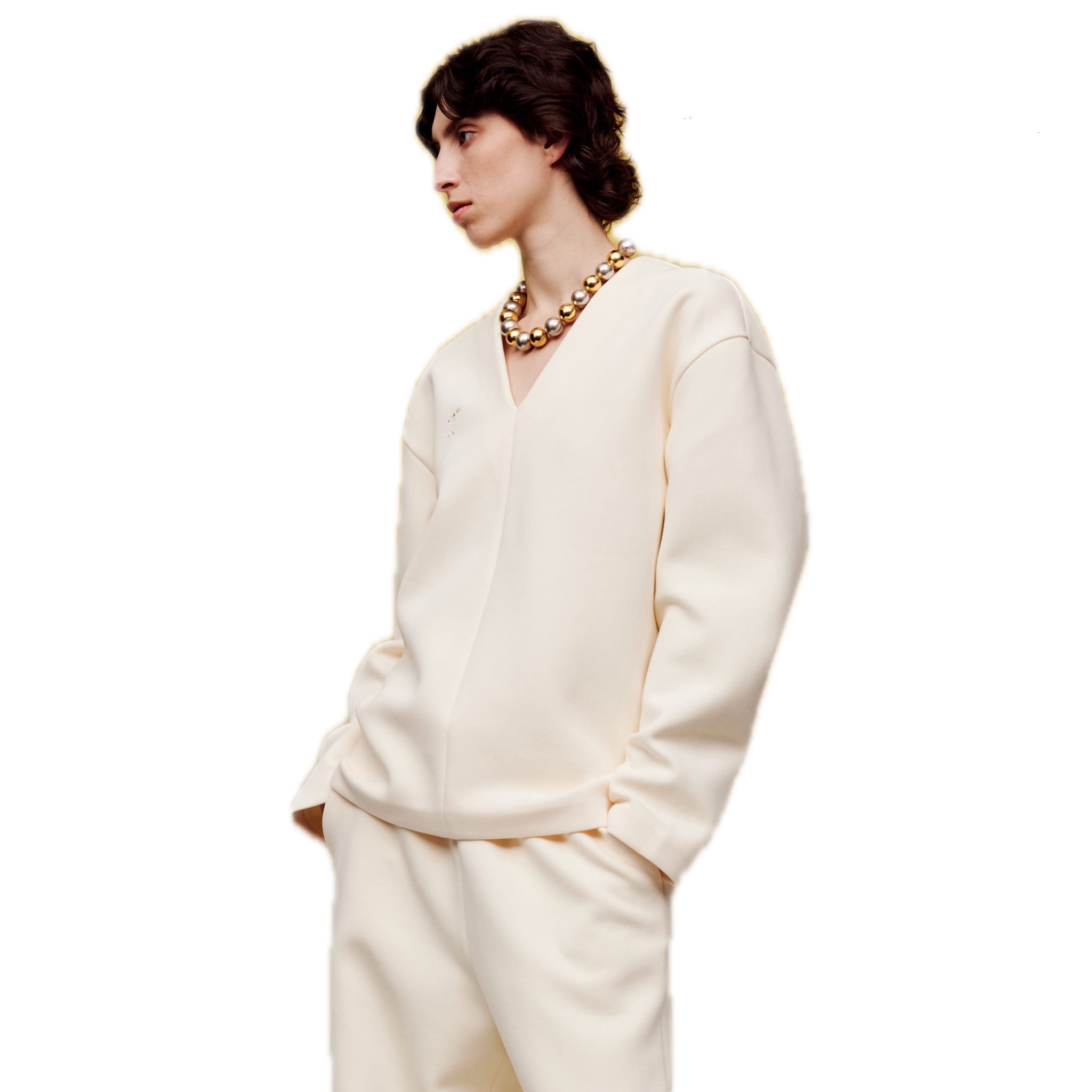 ilEWUOY Air Layer V-neck Sweatshirt in White | MADA IN CHINA