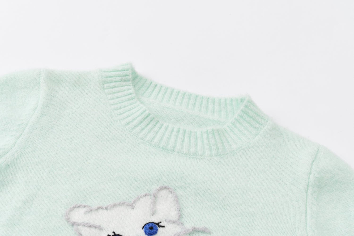 SOMESOWE Aqua Green Knit Shirt With Kitty Embroidery | MADA IN CHINA