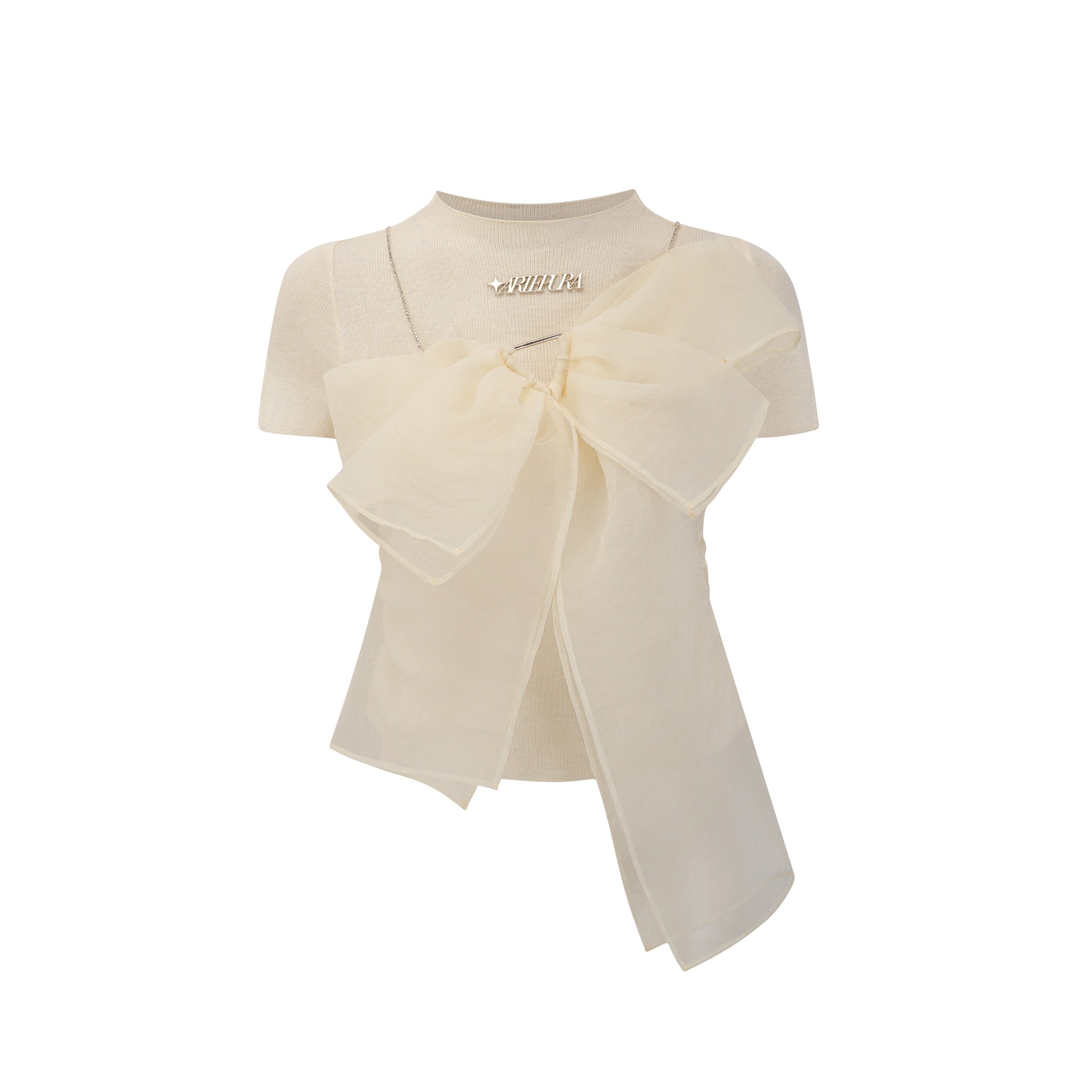 ARTE PURA Beige Bow Tie Knit Top With Chain | MADA IN CHINA