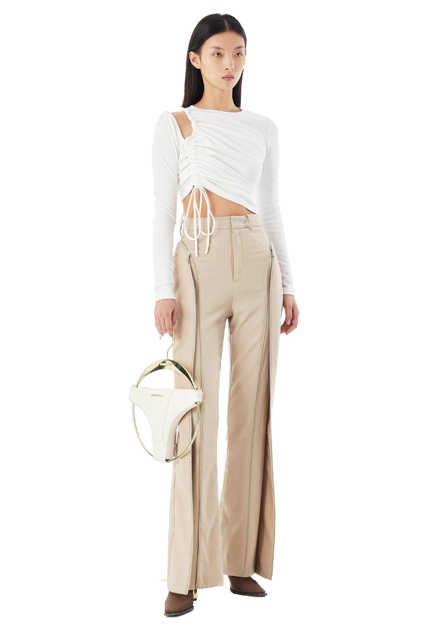 MARRKNULL Beige Deformation Zipper Pants | MADA IN CHINA