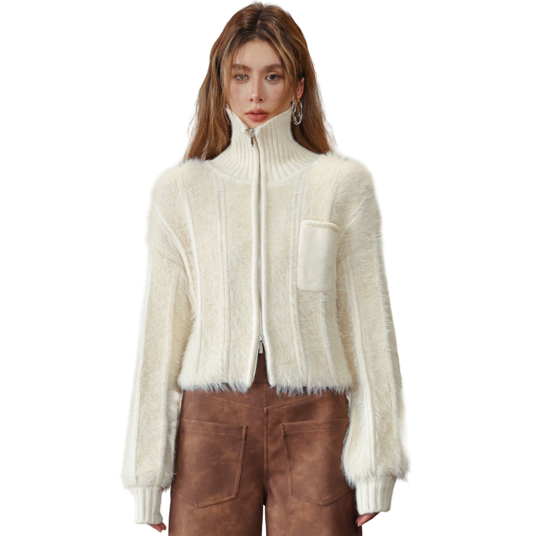 SOMESOWE Beige Faux Fur Zipper Cardigan | MADA IN CHINA