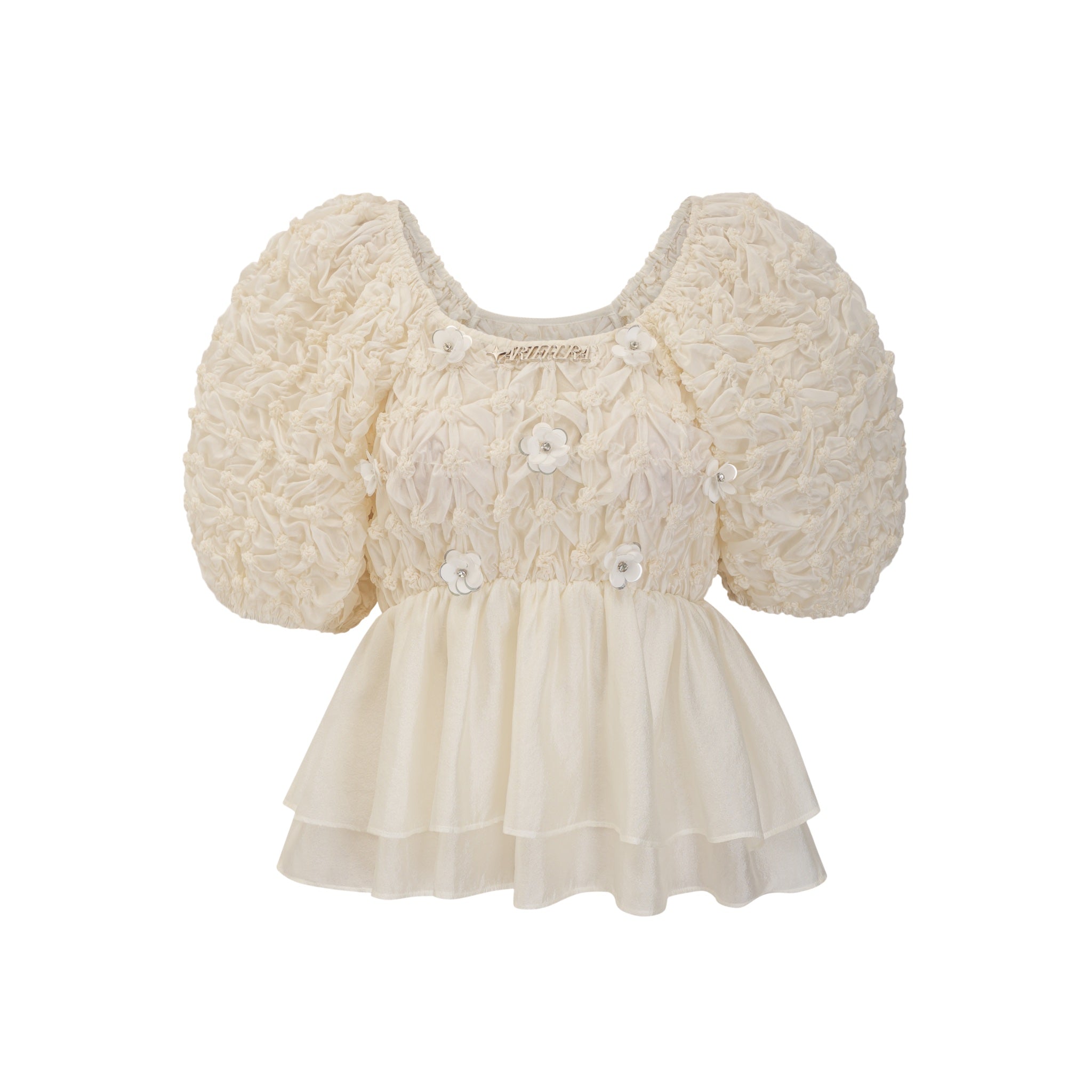 ARTE PURA Beige Floral Puff Sleeve Top | MADA IN CHINA