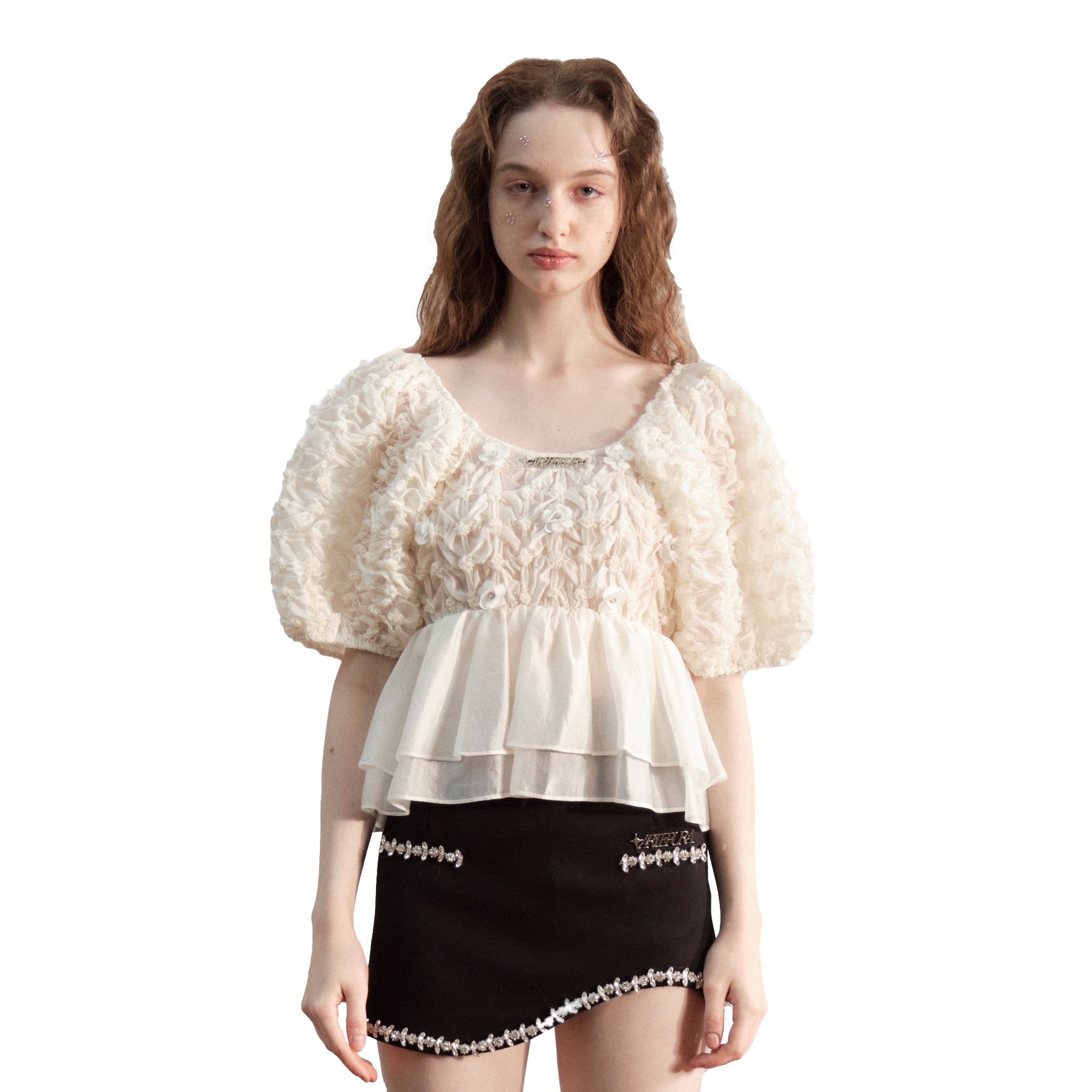 ARTE PURA Beige Floral Puff Sleeve Top | MADA IN CHINA