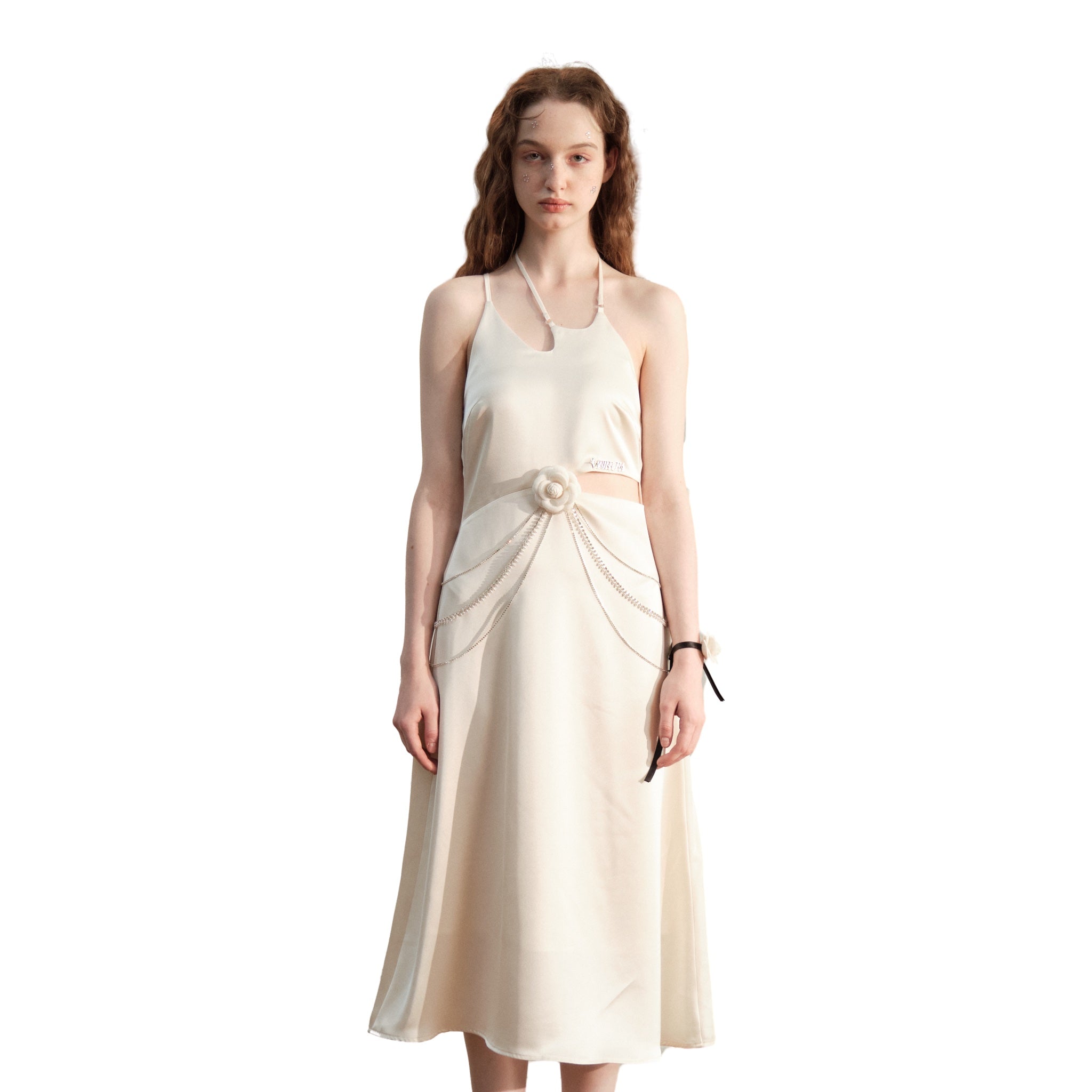 ARTE PURA Beige Halter Neck Hollow Dress With Flower And Shining Chain | MADA IN CHINA