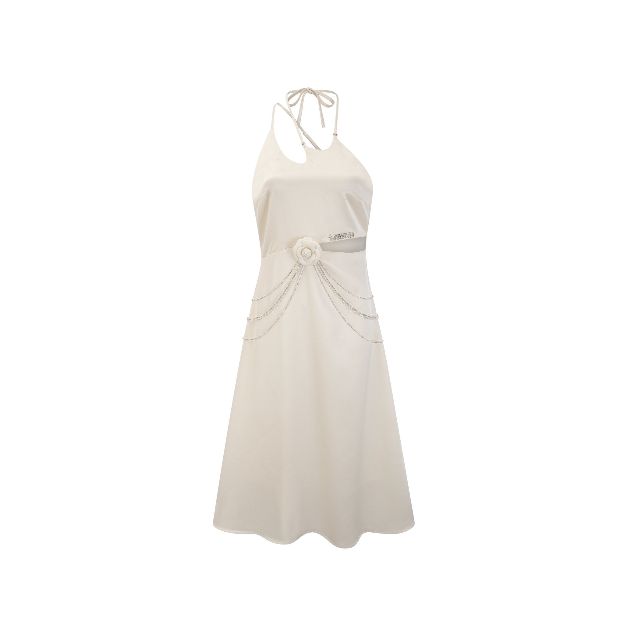 ARTE PURA Beige Halter Neck Hollow Dress With Flower And Shining Chain | MADA IN CHINA