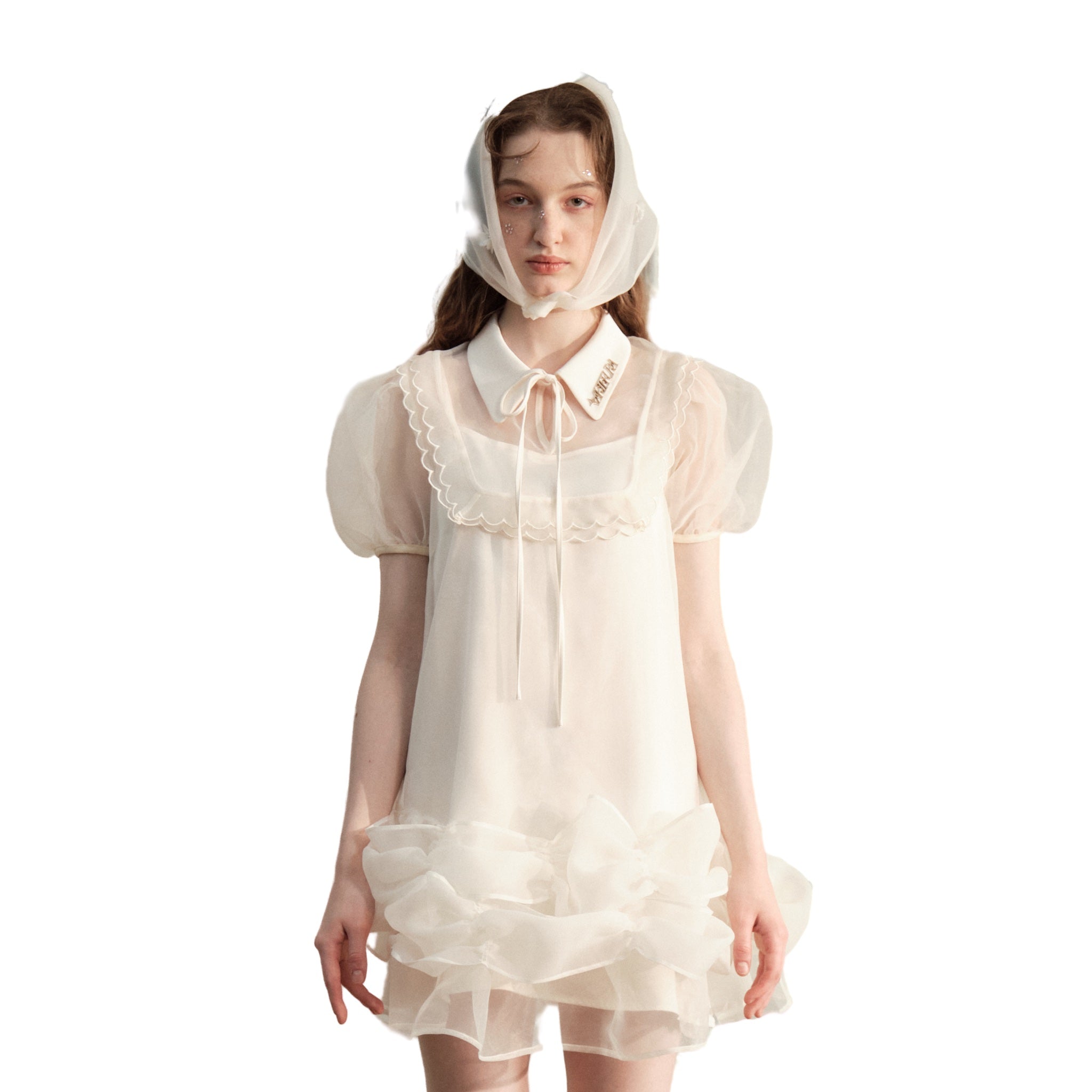 ARTE PURA Beige Lapel Babydoll Dress With Pleated Gauze | MADA IN CHINA