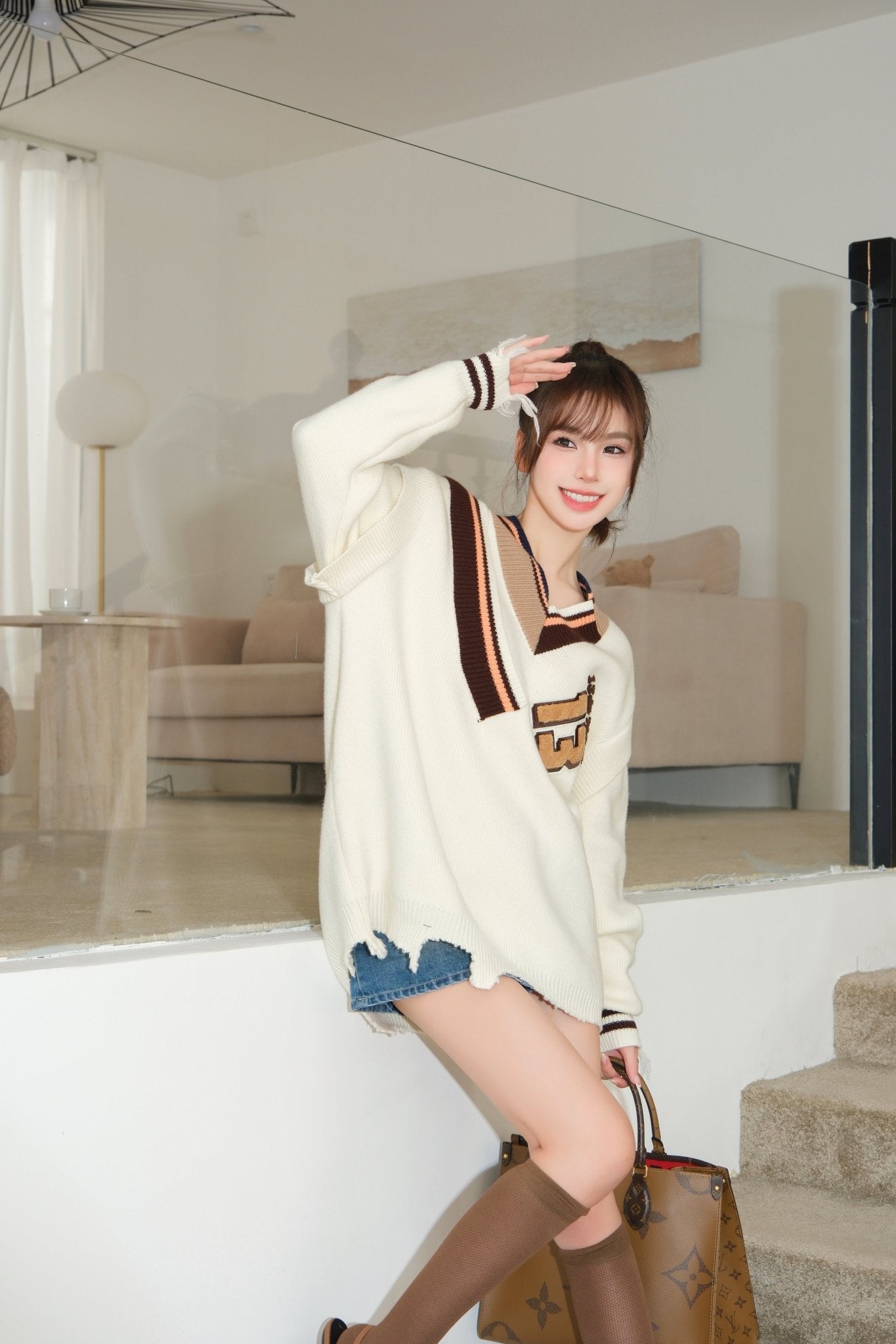 13DE MARZO Beige Patchwork Collar Sweater | MADA IN CHINA