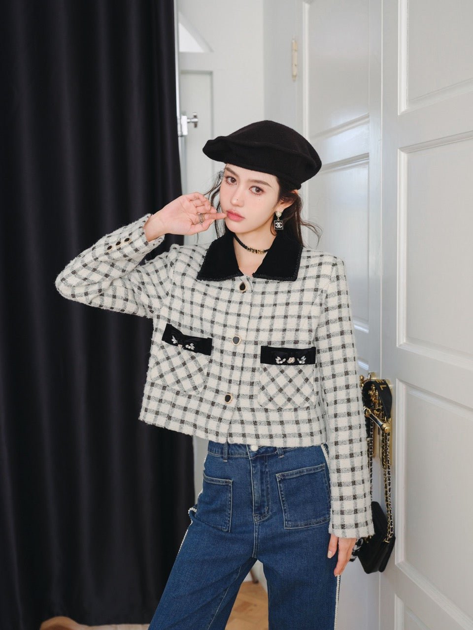 DIANA VEVINA Beige Plaid Pocket Jacket | MADA IN CHINA