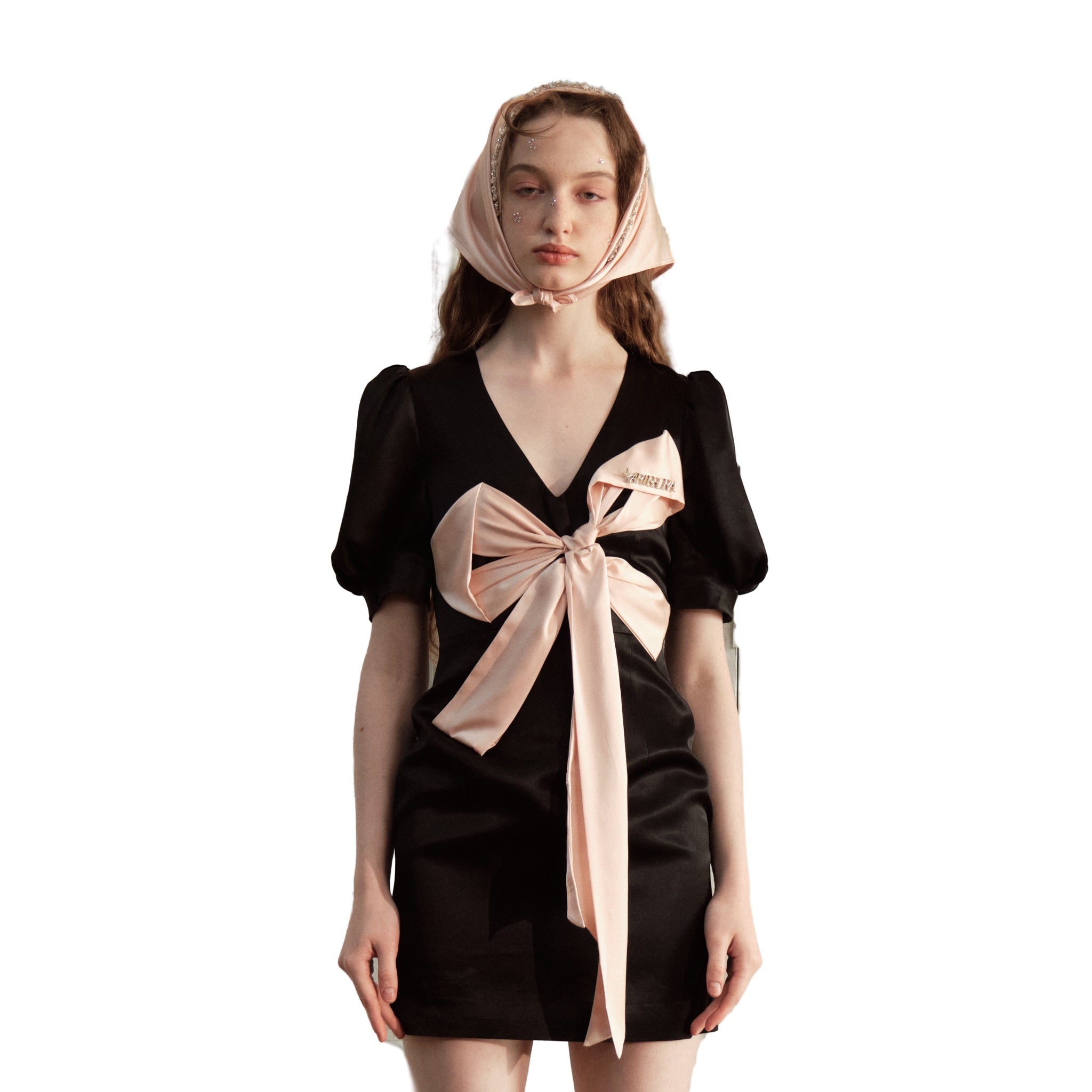 ARTE PURA Black Acetate Dress With Pink Bow Tie In Front | MADA IN CHINA