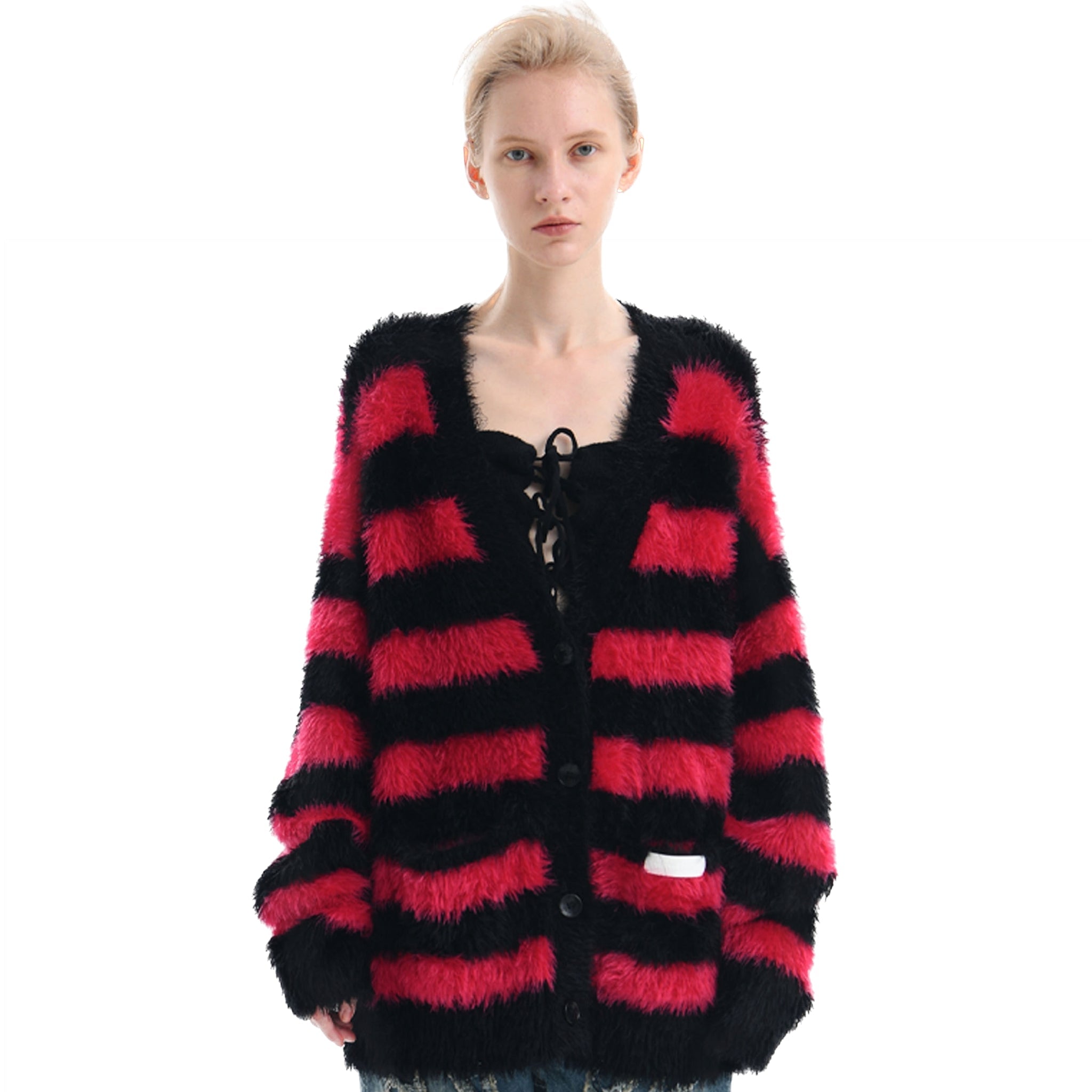 ANN ANDELMAN Black and Red Striped Wool Cardigan | MADA IN CHINA