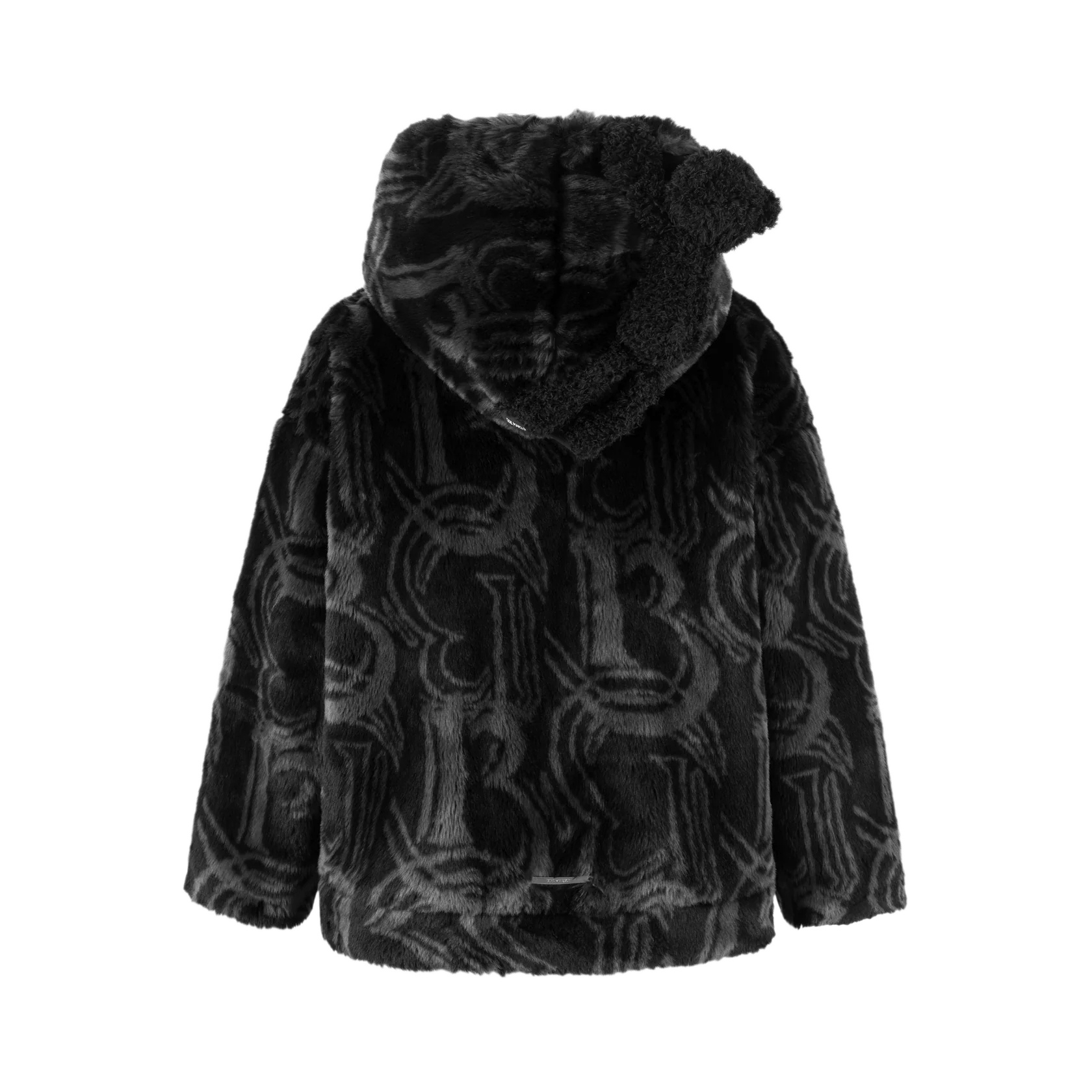 13DE MARZO Black Artificial Fur Logo Coat | MADA IN CHINA