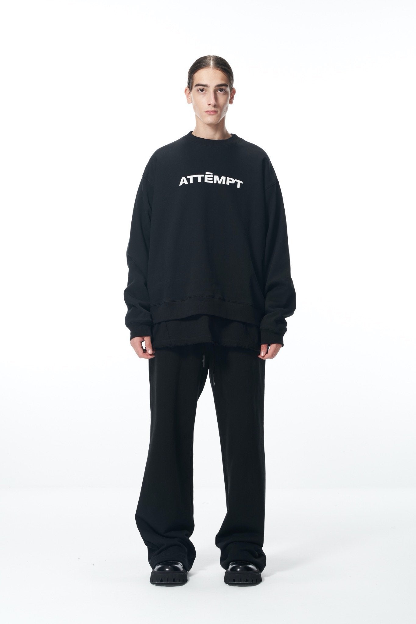 ATTEMPT Black Basic Logo Print Crewneck Sweater | MADA IN CHINA