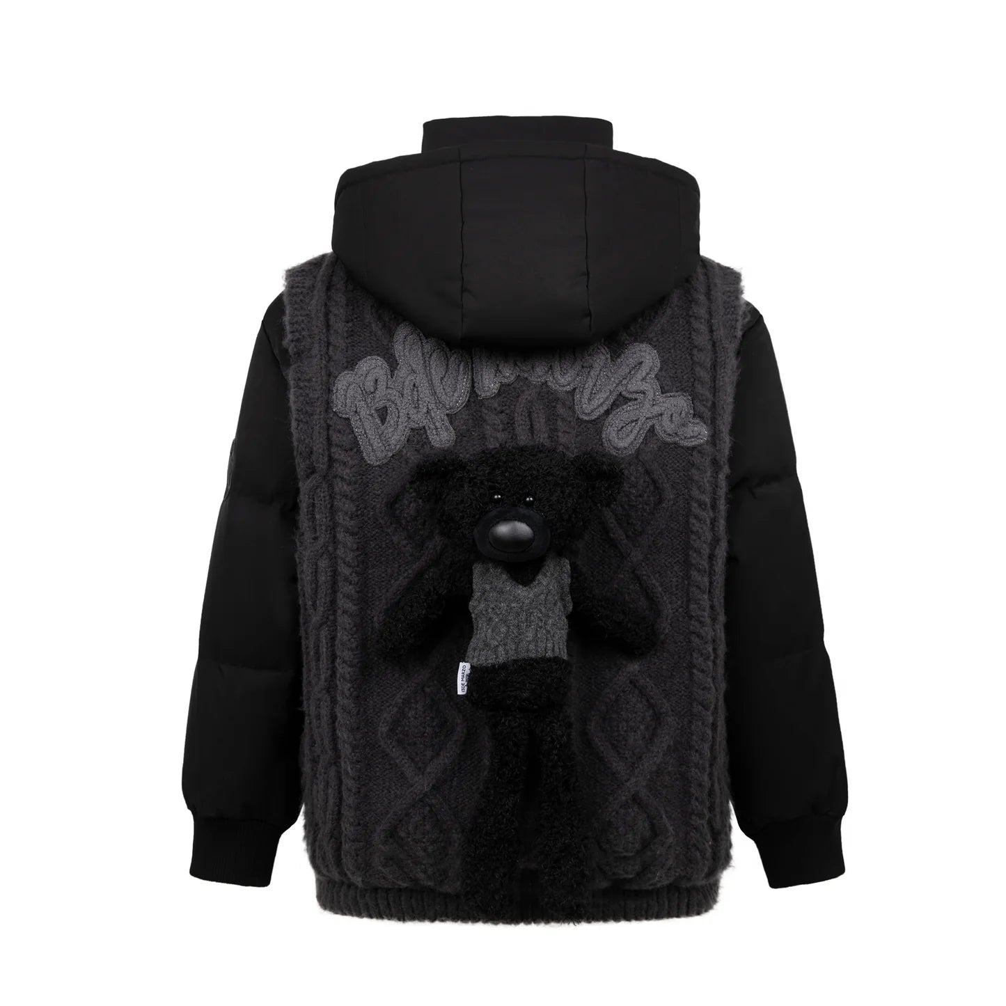 13DE MARZO Black Bear Weave Knit Patch Down Jacket | MADA IN CHINA