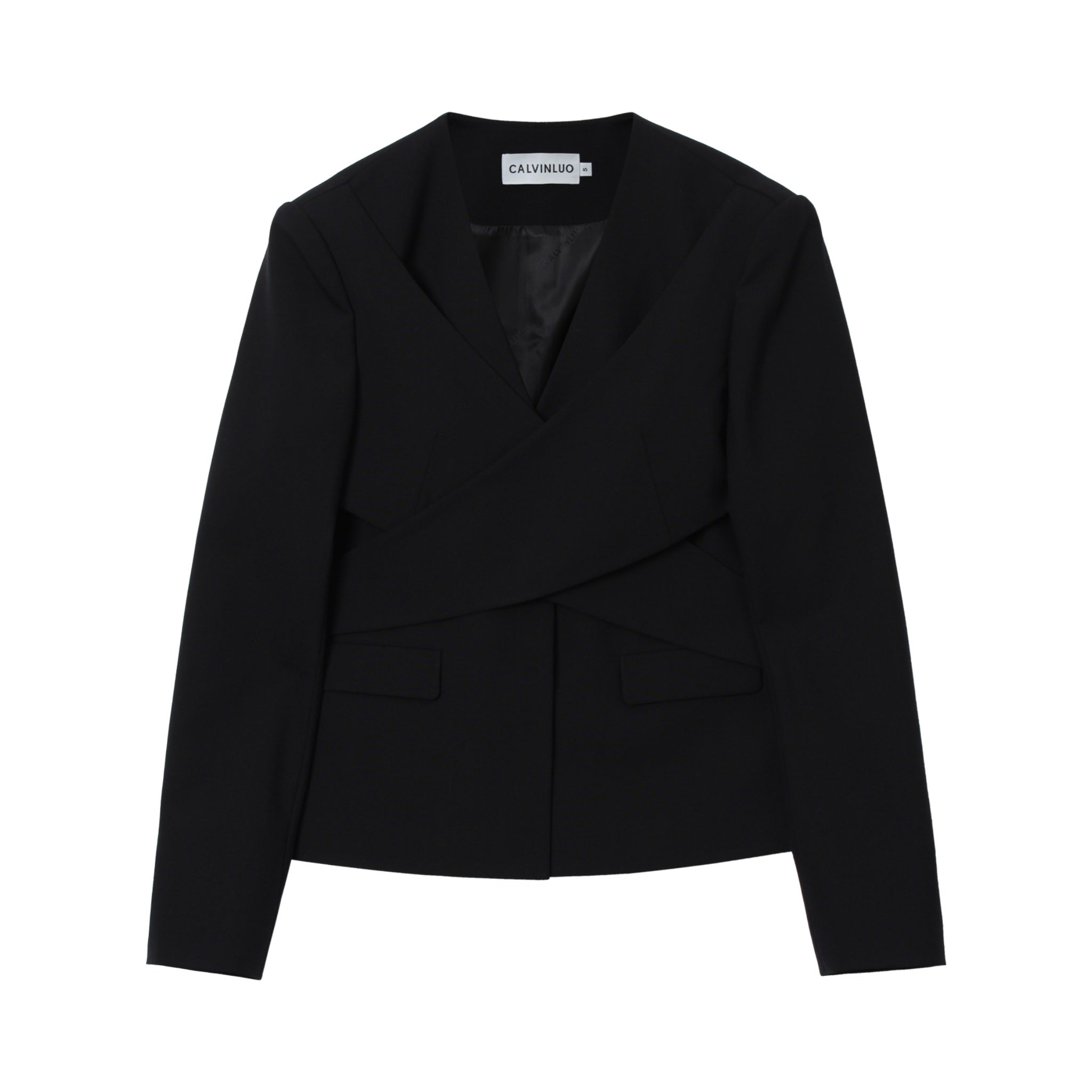 CALVIN LUO Black Cross Lapel V-neck Suit | MADA IN CHINA