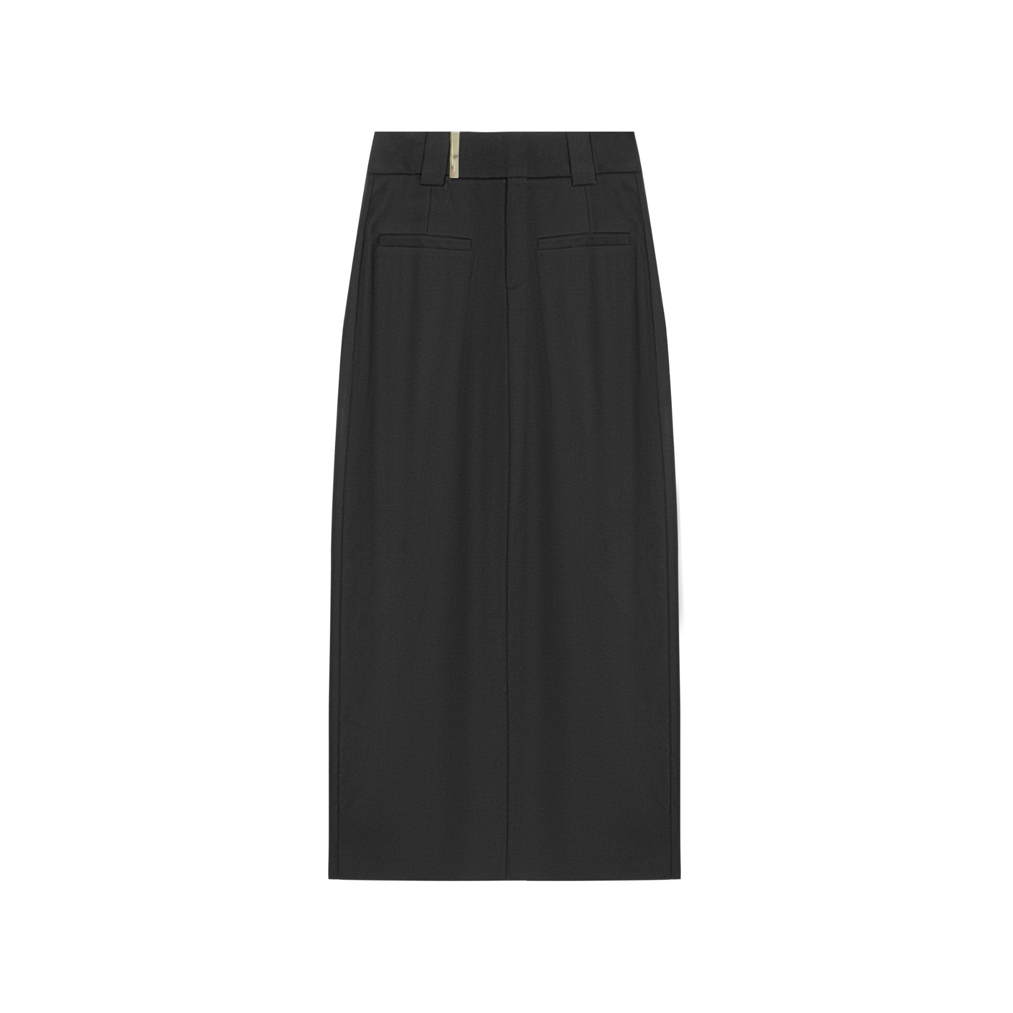 UNAWARES Black Custom Metal Clip Side-Slit Mid-Length Skirt | MADA IN CHINA