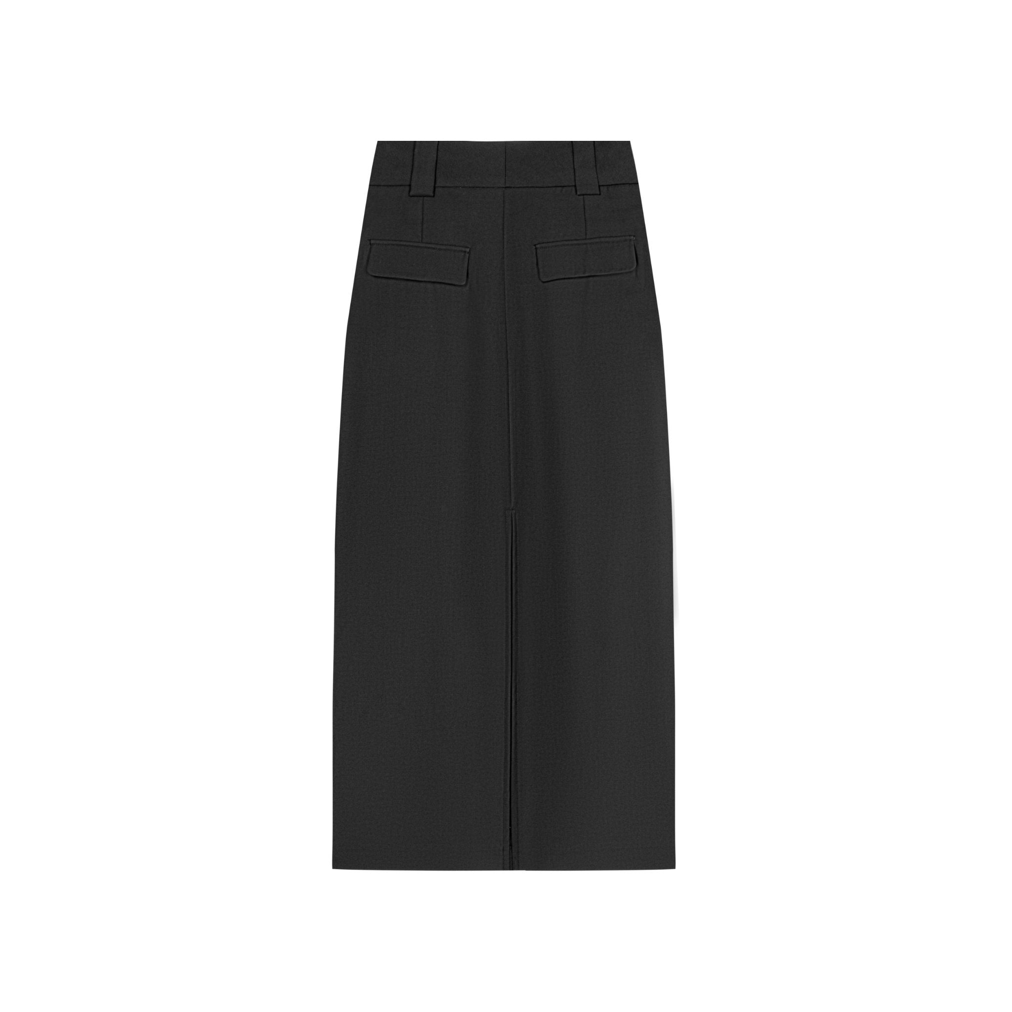 UNAWARES Black Custom Metal Clip Side-Slit Mid-Length Skirt | MADA IN CHINA