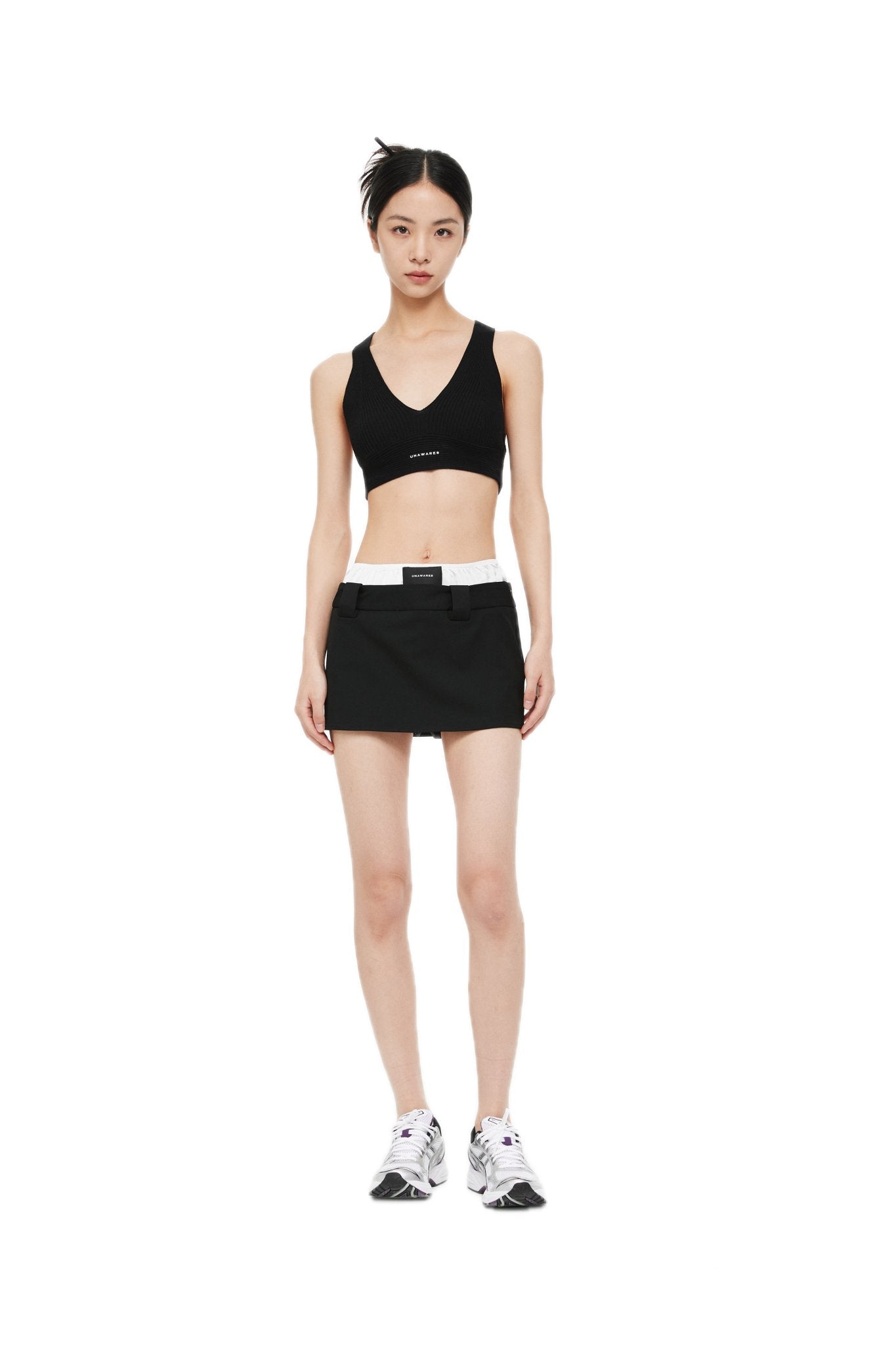 UNAWARES Black Customized Brand Logo Contrast Double Waistband Mini Skirt | MADA IN CHINA